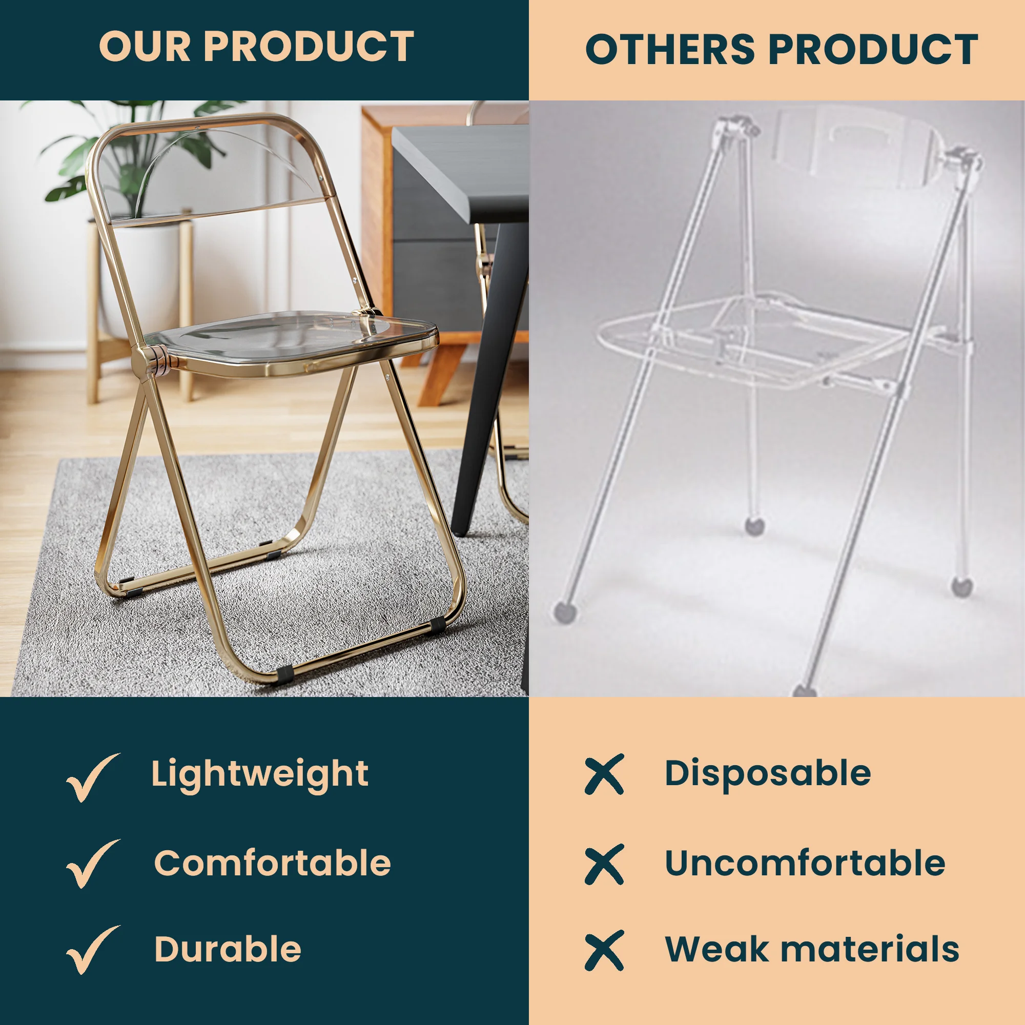 Lawrence Acrylic Folding Chair With Gold Metal Frame