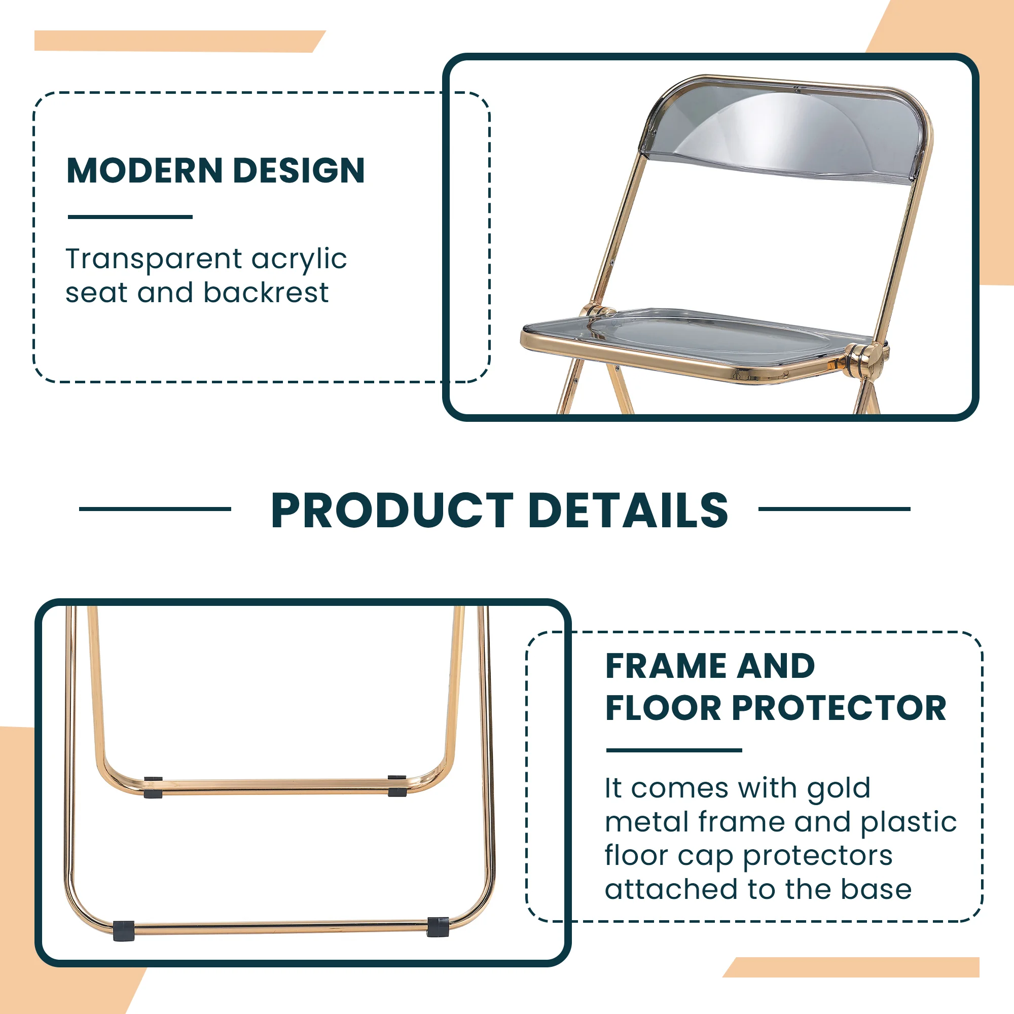 Lawrence Acrylic Folding Chair With Gold Metal Frame