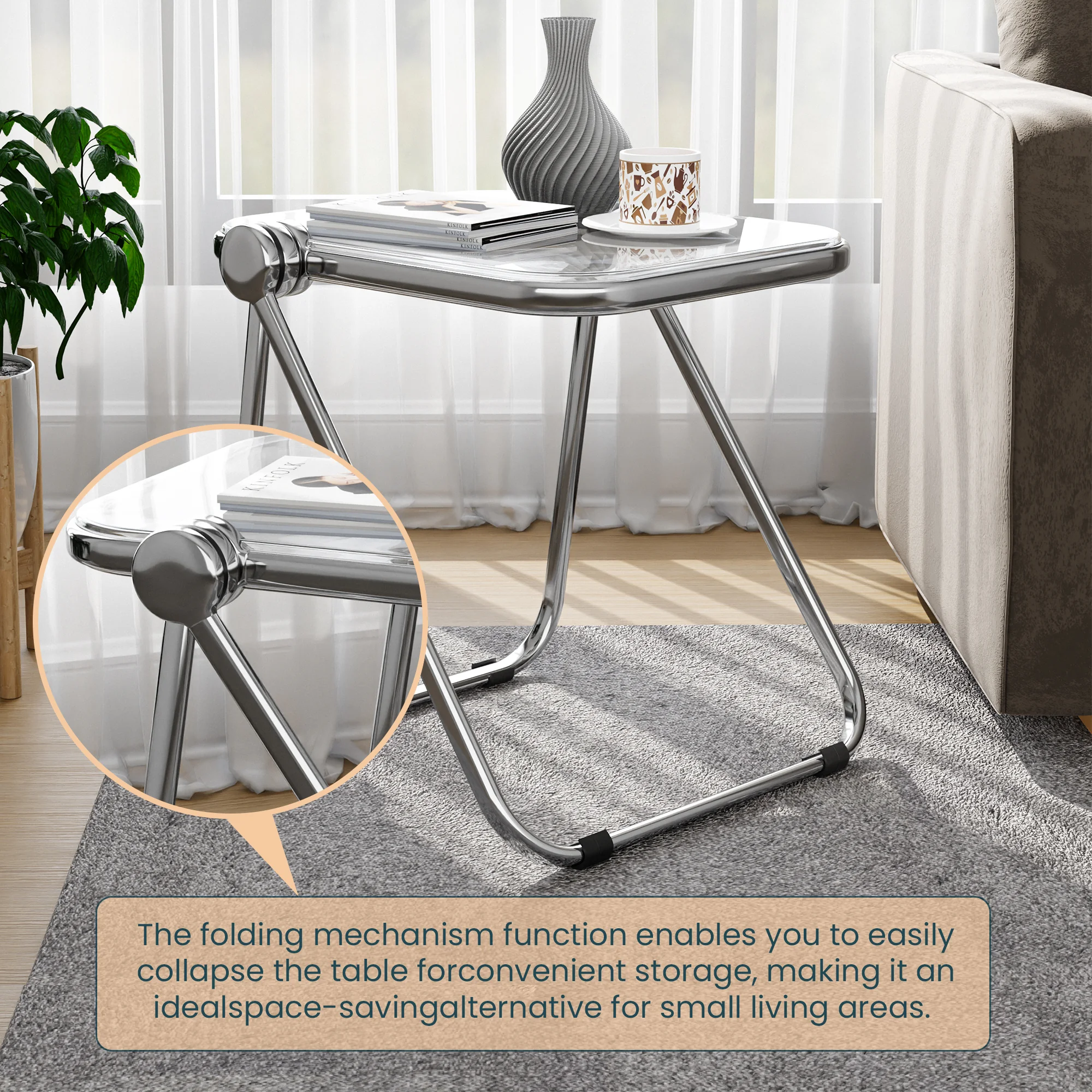 Lawrence Mid-Century Modern Rectangular Folding Side Table in Chrome Finish with Plastic Tabletop and Aluminum Frame for Living Room and Bedroom, Clear
