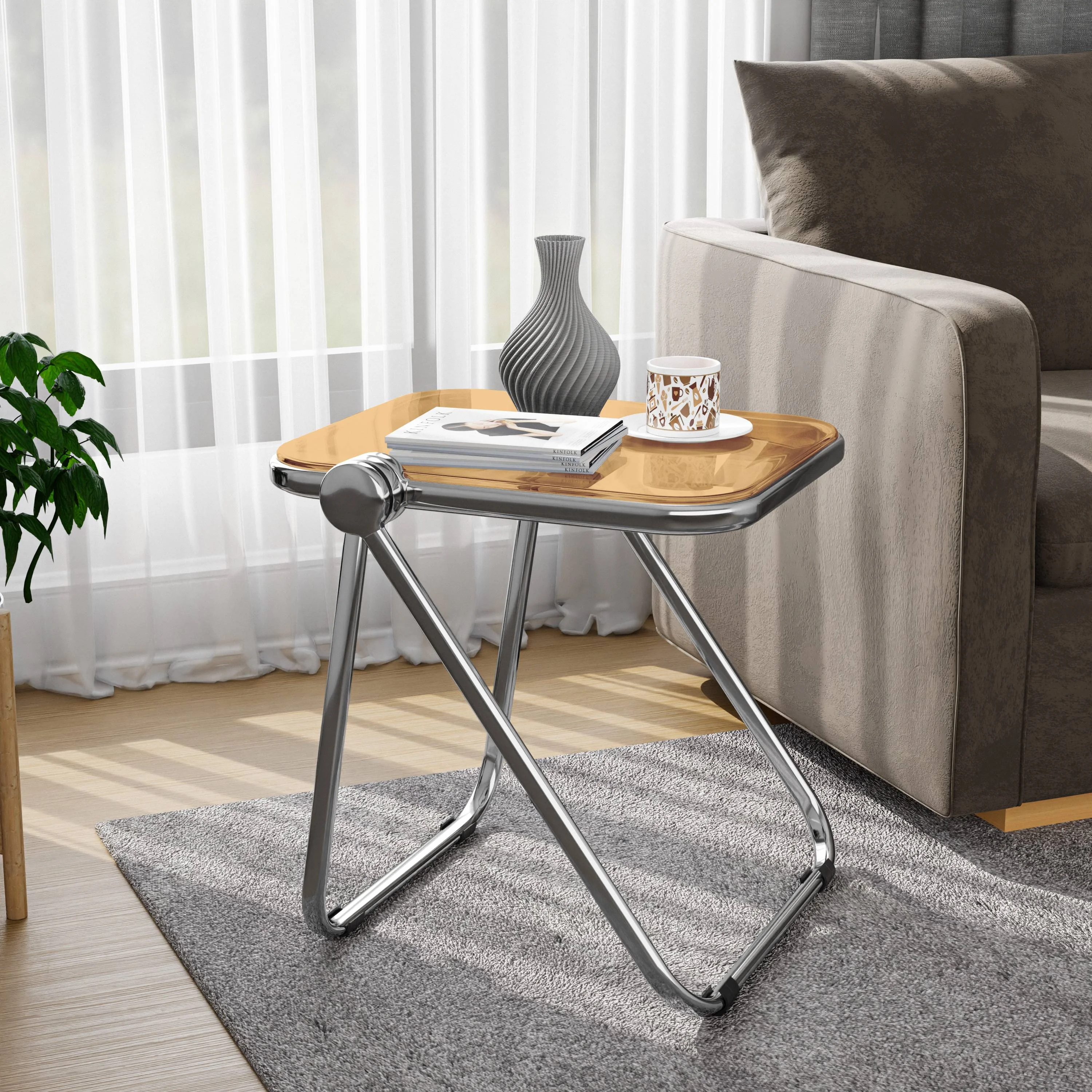 Lawrence Mid-Century Modern Rectangular Folding Side Table in Chrome Finish with Plastic Tabletop and Aluminum Frame for Living Room and Bedroom, Orange