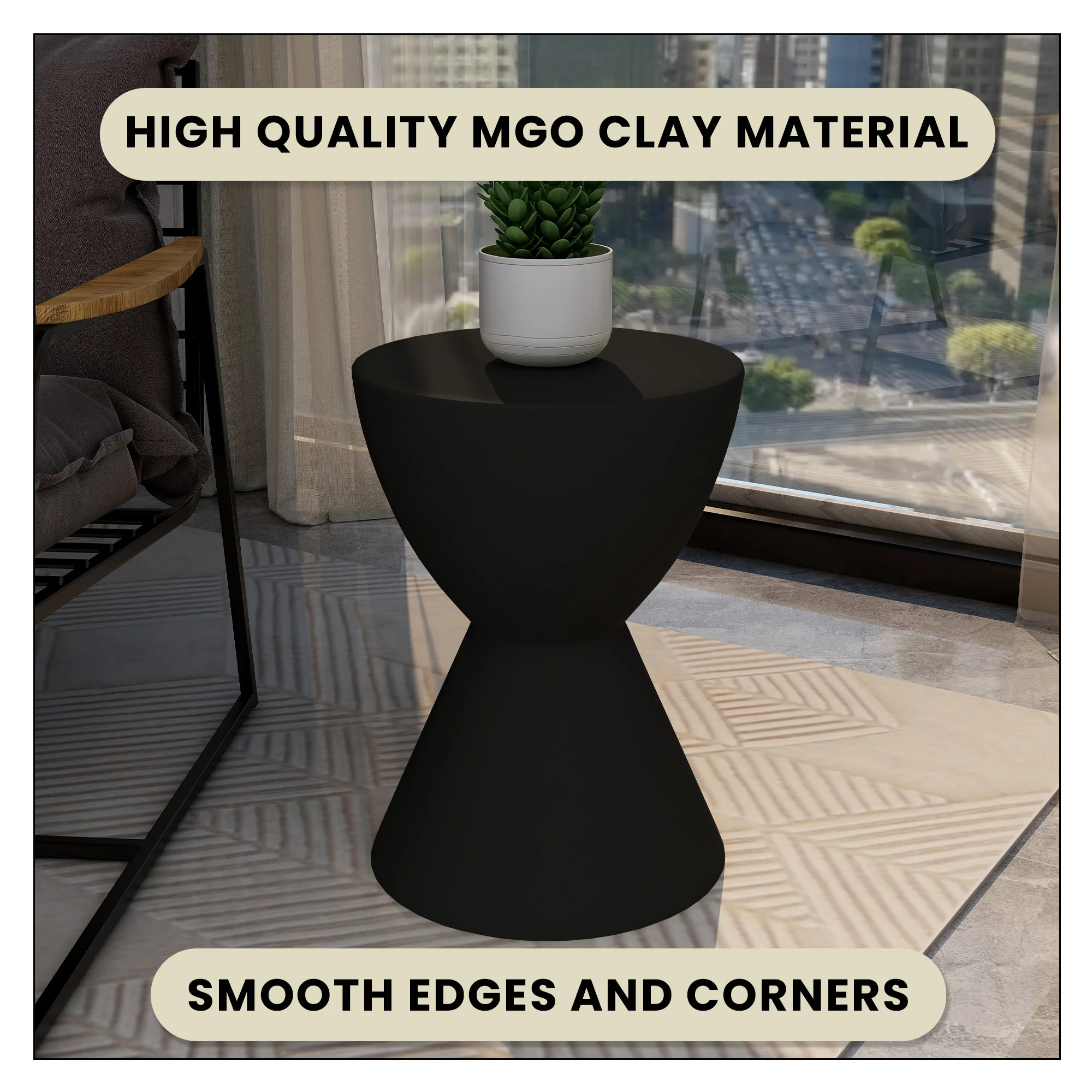 Loft Collection Fiberglass Outdoor Side Table in Black