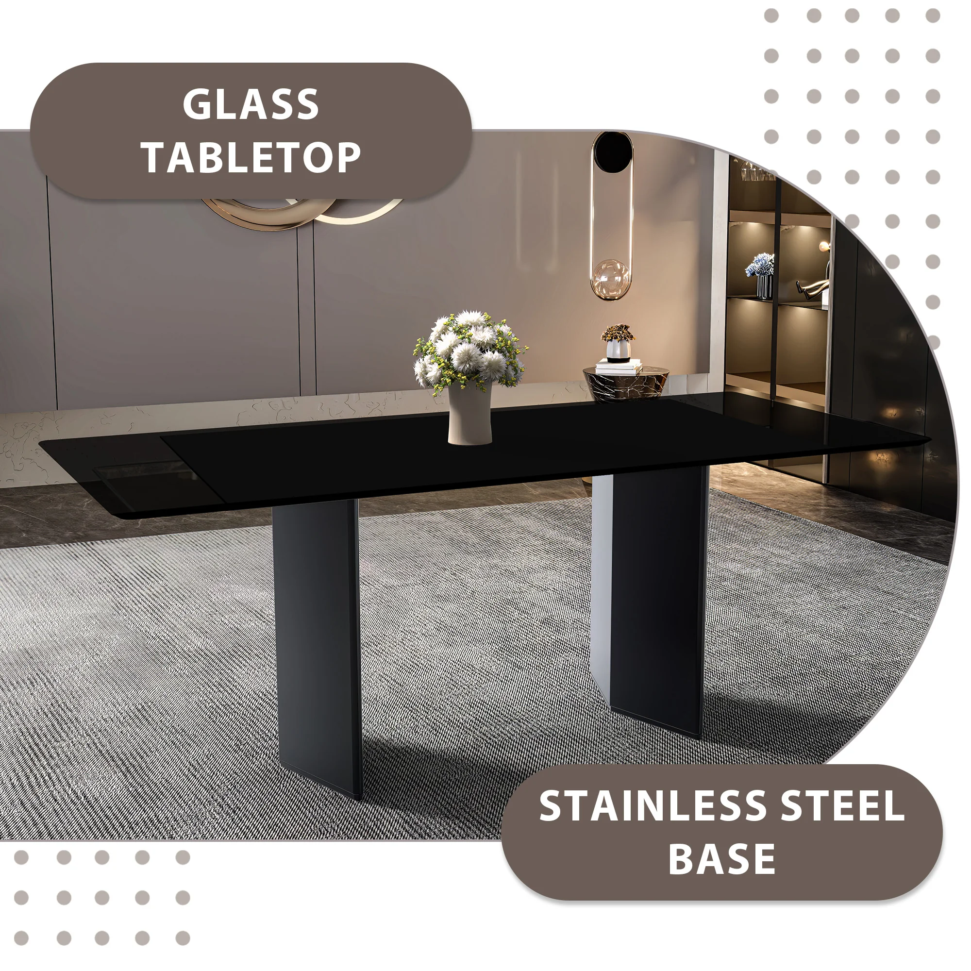Lior Series Modern Dining Table Black Steel Base, With 55 Black Glass Top