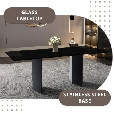 Lior Series Modern Dining Table Black Steel Base, With 55 Black Glass Top