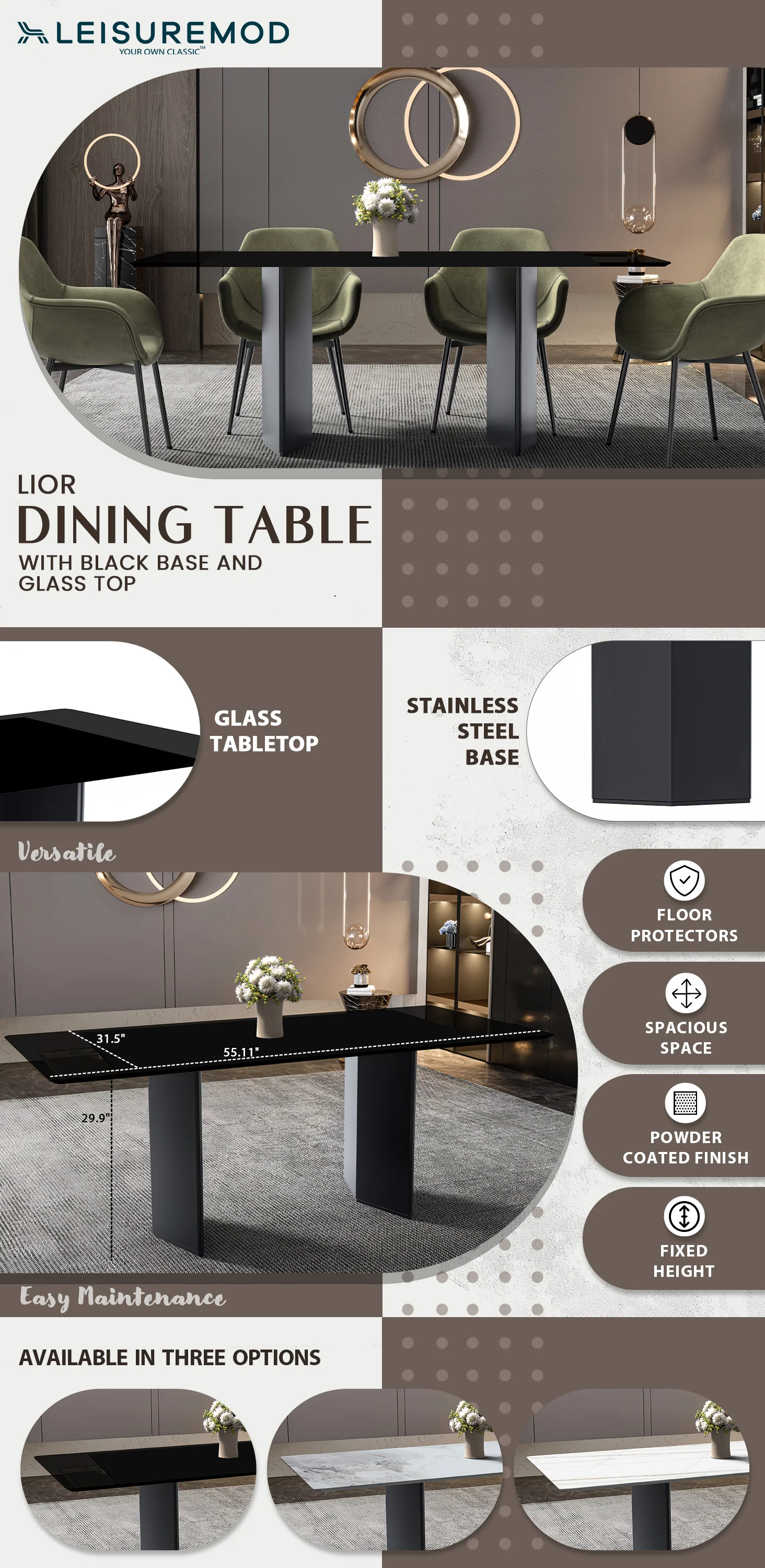 Lior Series Modern Dining Table Black Steel Base, With 62 Black Glass Top