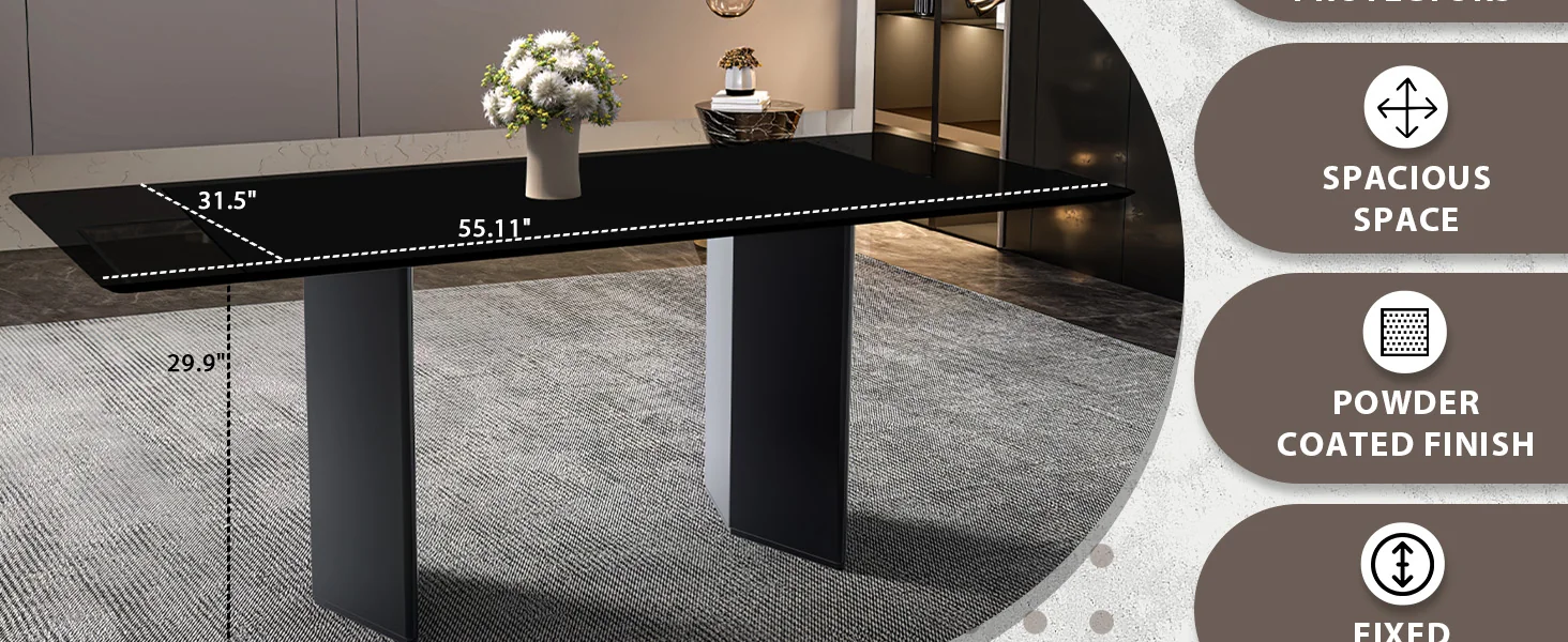 Lior Series Modern Dining Table Black Steel Base, With 62 Black Glass Top