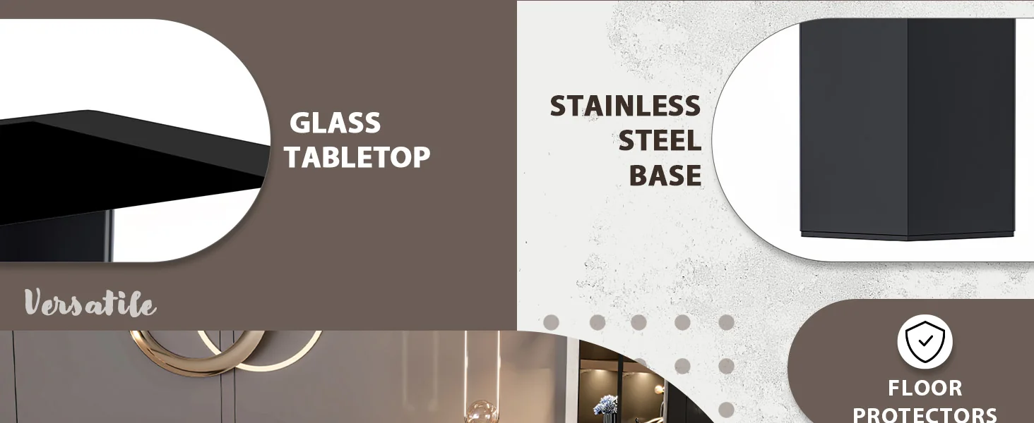 Lior Series Modern Dining Table Black Steel Base, With 62 Black Glass Top