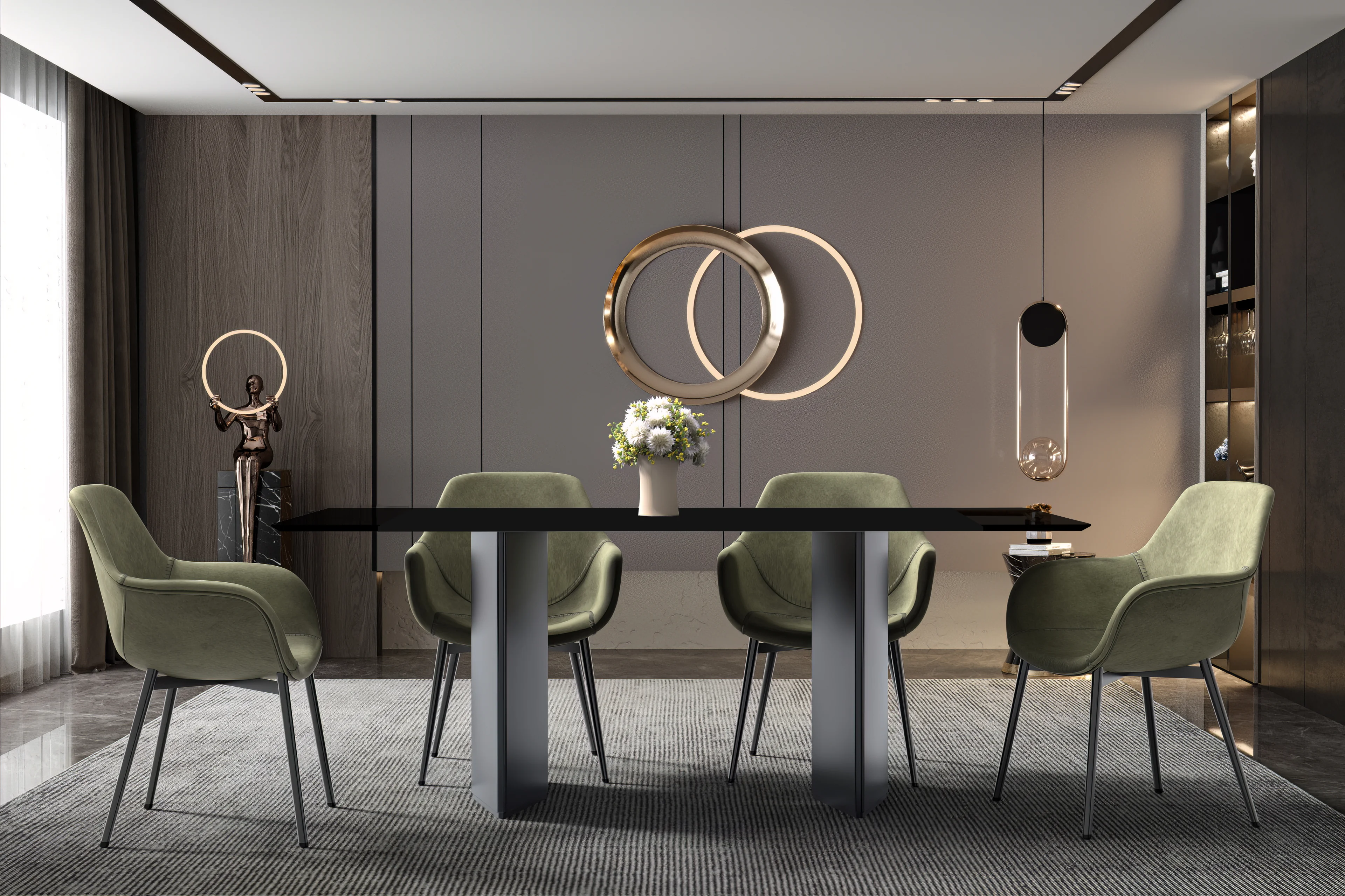 Lior Series Modern Dining Table Black Steel Base, With 71 Black Glass Top