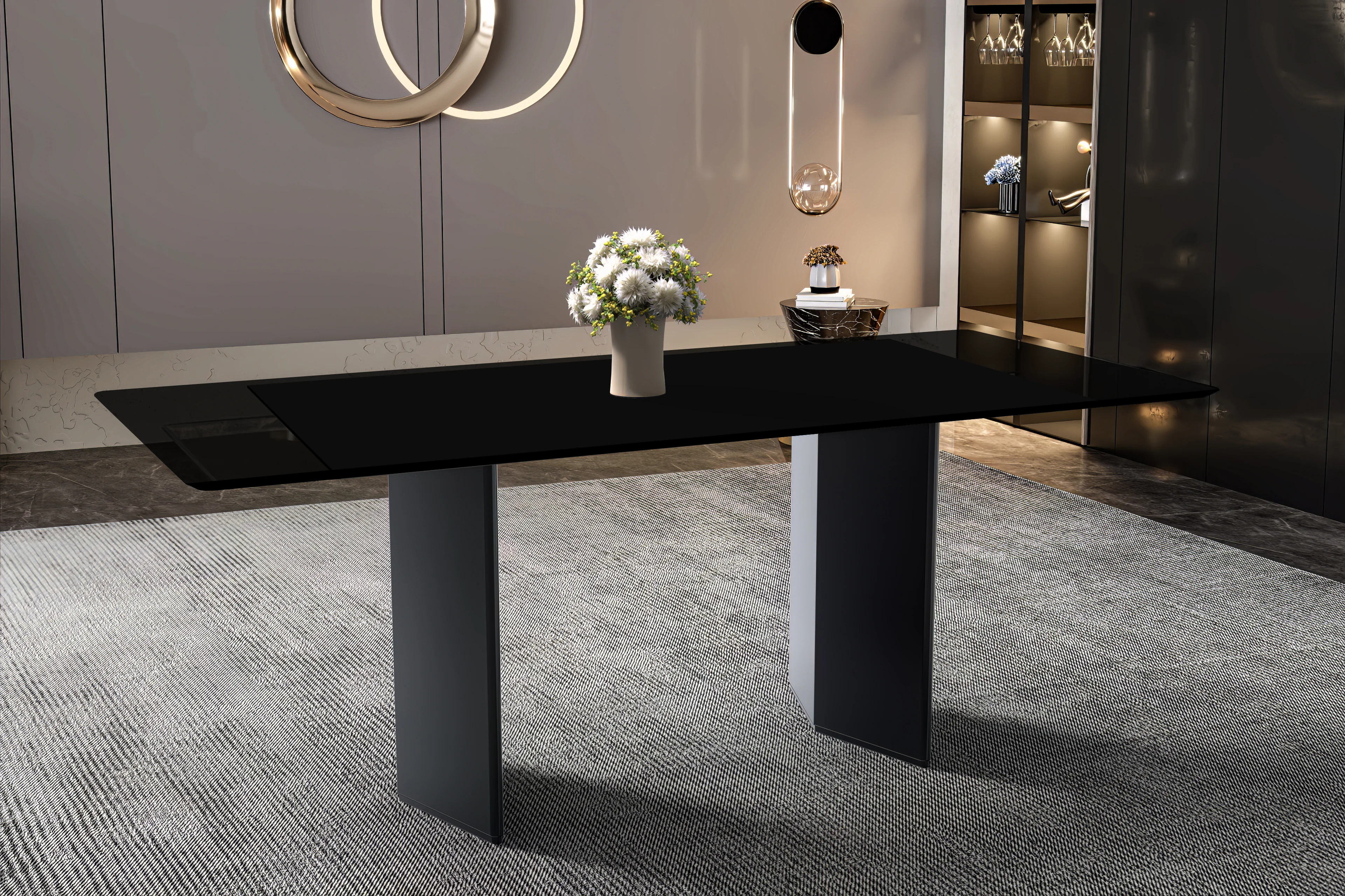 Lior Series Modern Dining Table Black Steel Base, With 71 Black Glass Top