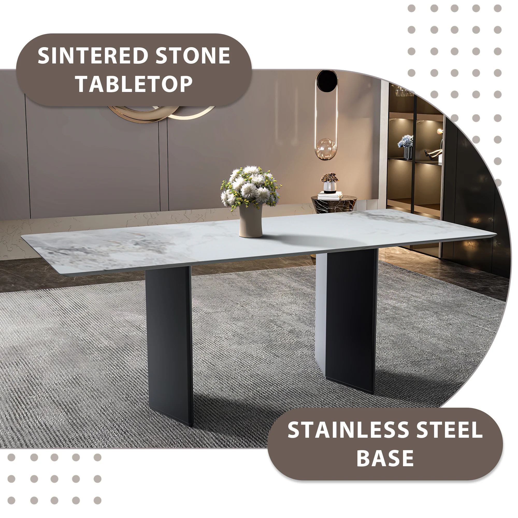 Lior Series Modern Dining Table Black Base, With 71 Medium Grey Sintered Stone Top