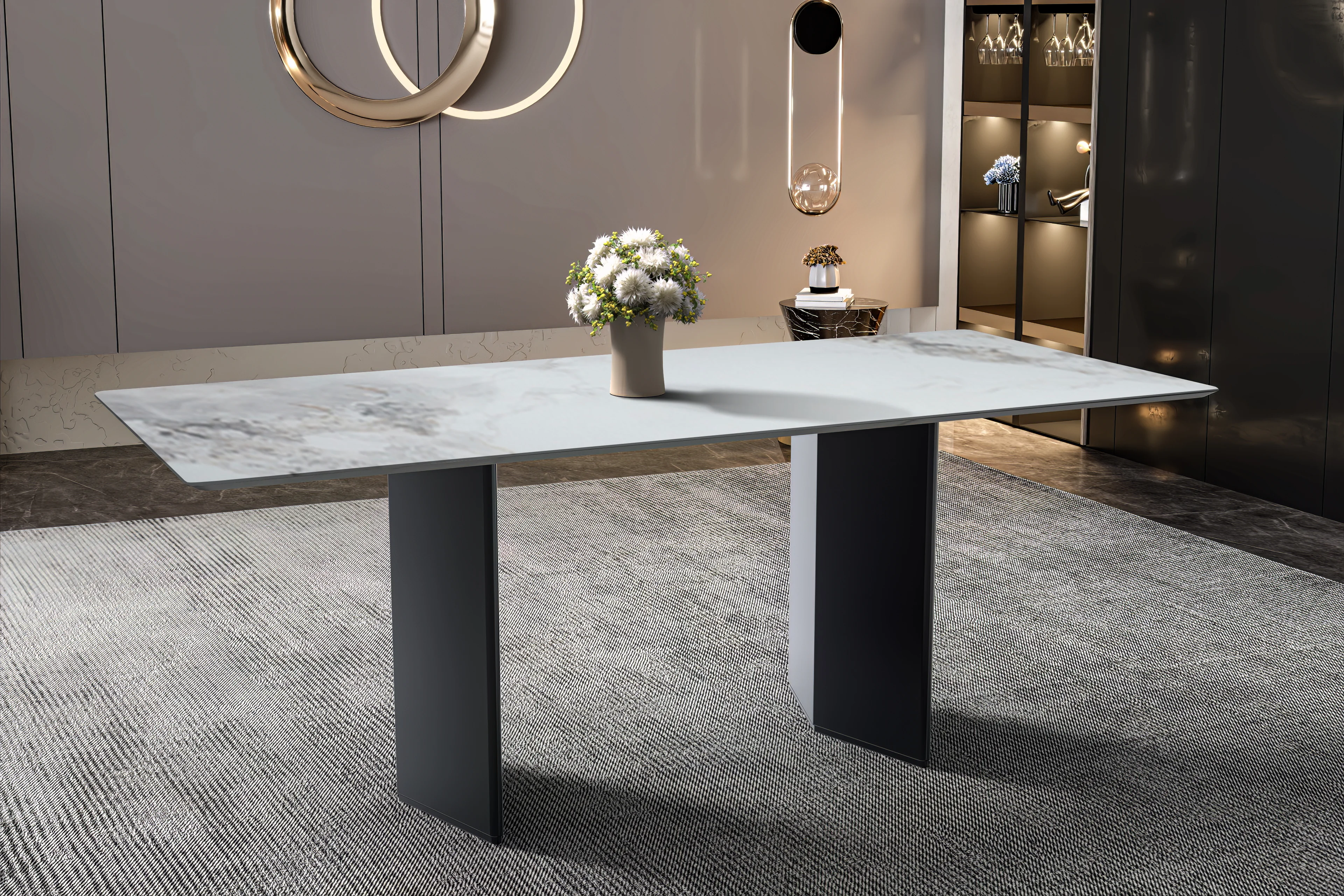 Lior Series Modern Dining Table Black Base, With 71 Medium Grey Sintered Stone Top