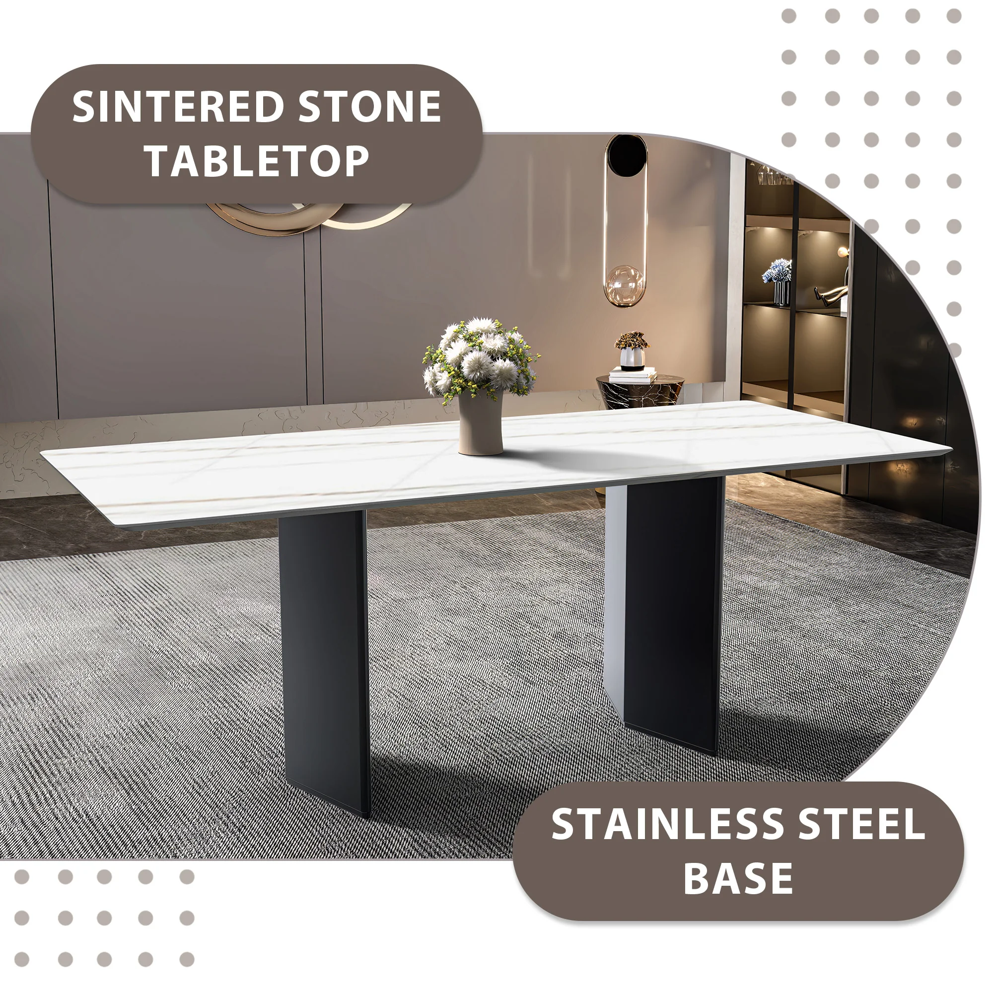 Lior Series Modern Dining Table Black Base, With 71 White/Gold Sintered Stone Top