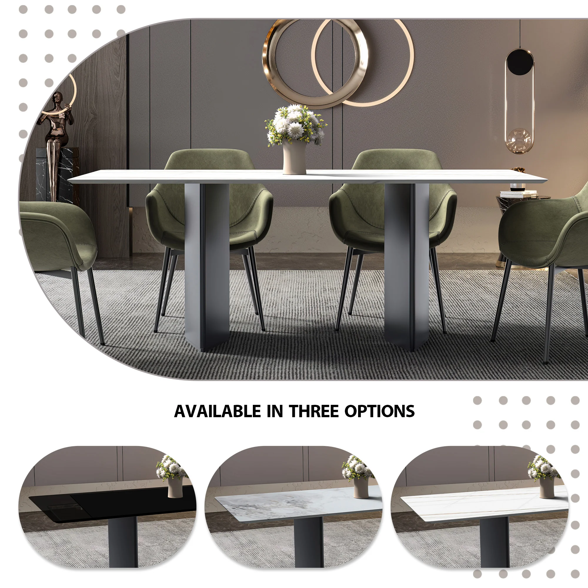 Lior Series Modern Dining Table Black Base, With 71 White/Gold Sintered Stone Top