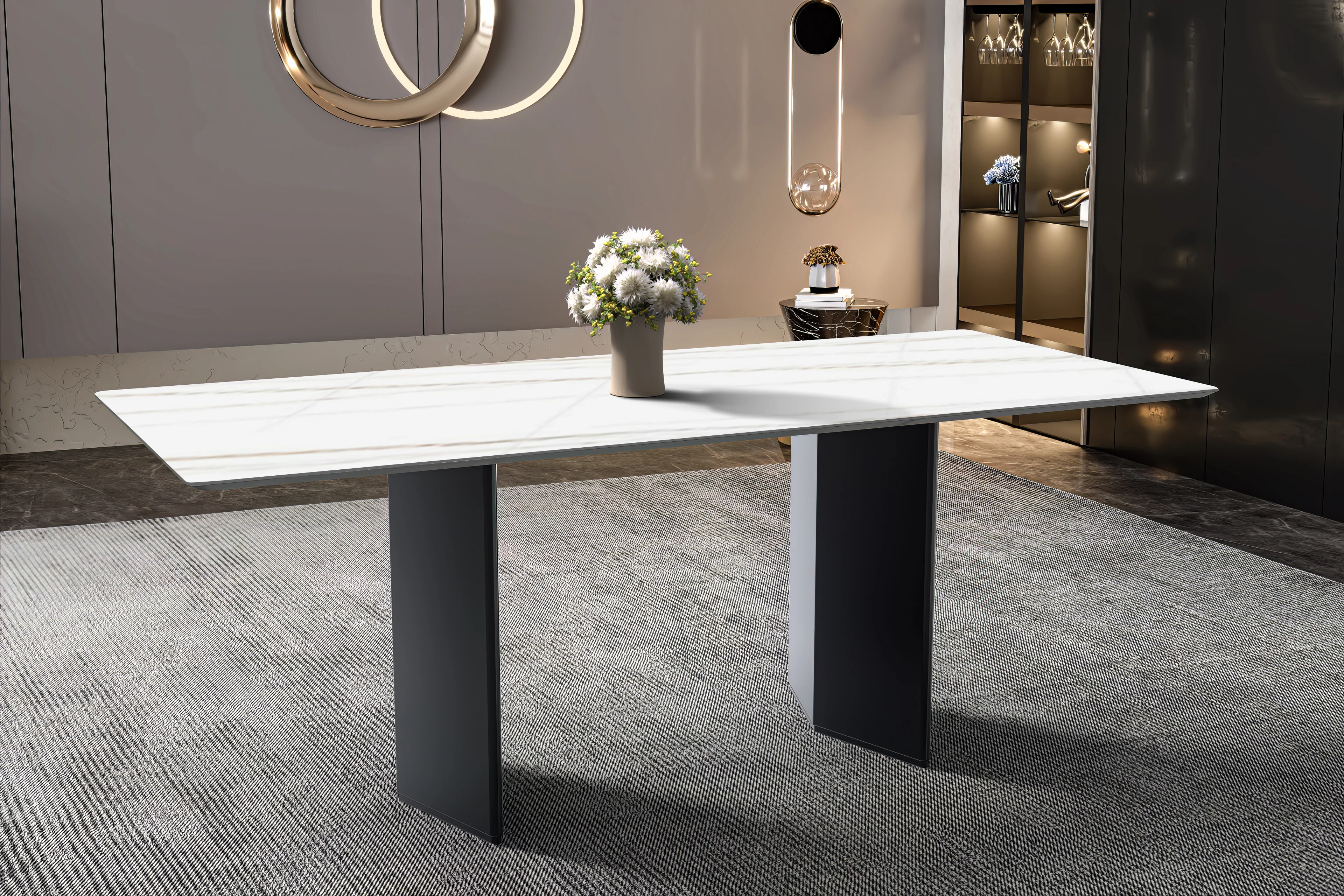 Lior Series Modern Dining Table Black Base, With 71 White/Gold Sintered Stone Top