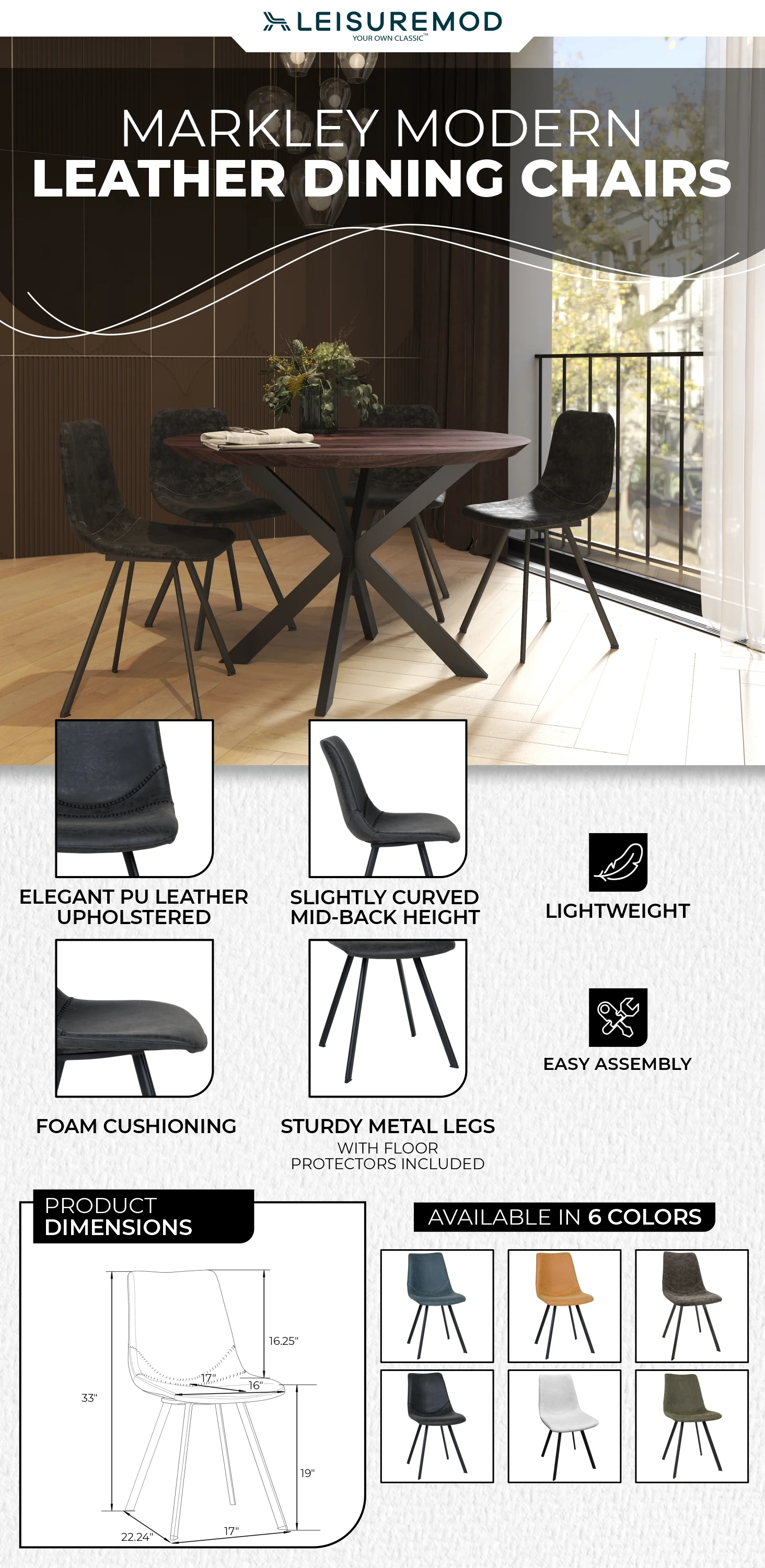 Markley Modern Leather Dining Chair With Metal Legs