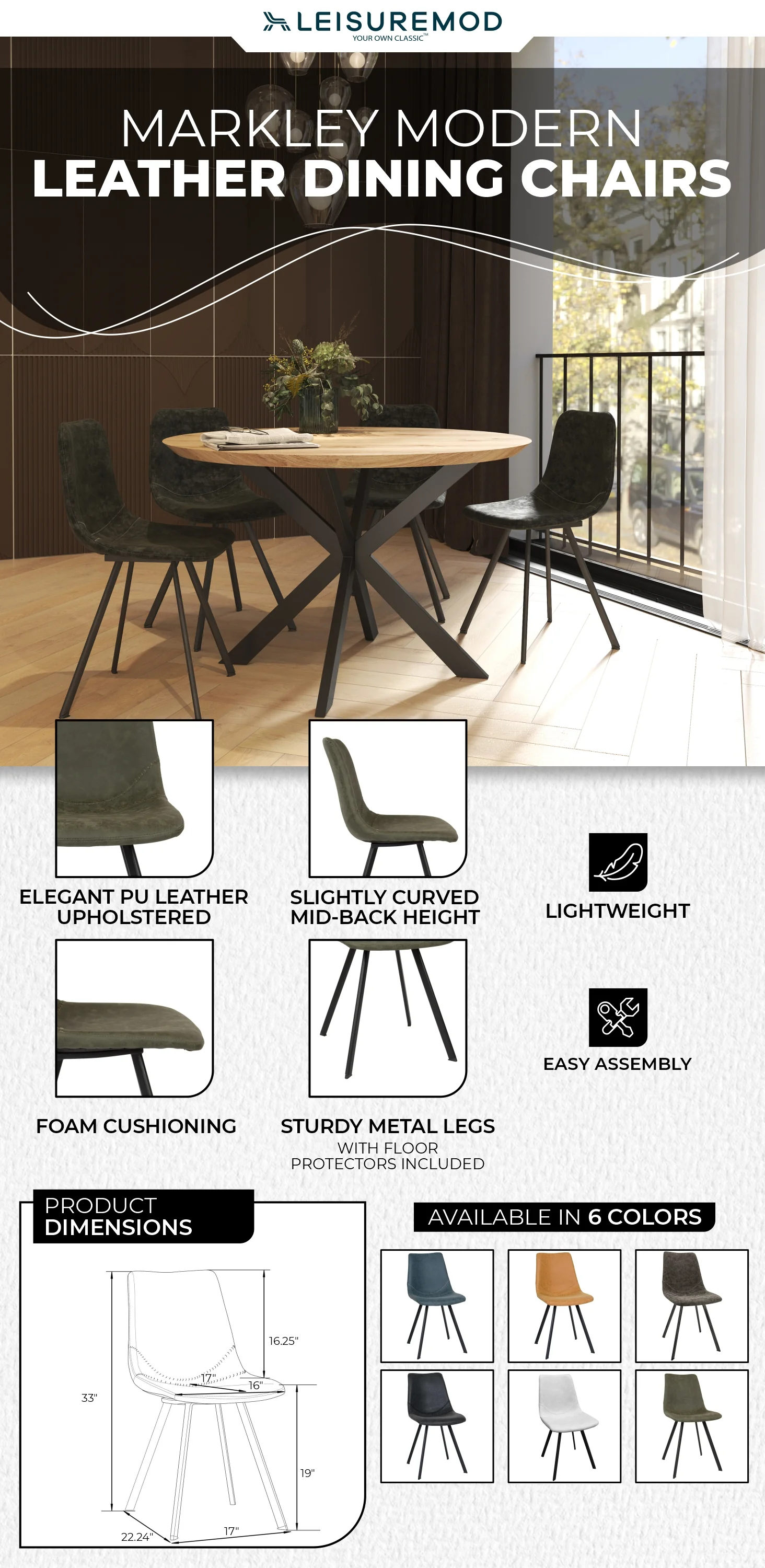 Markley Modern Leather Dining Chair With Metal Legs