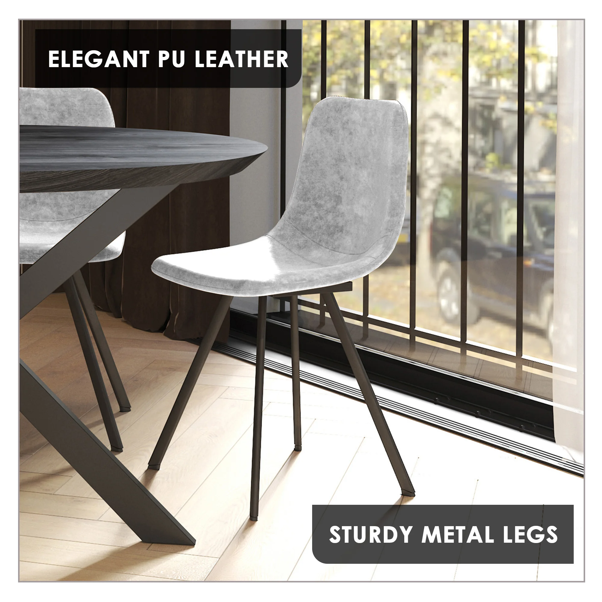 Markley Modern Leather Dining Chair With Metal Legs, Light Grey