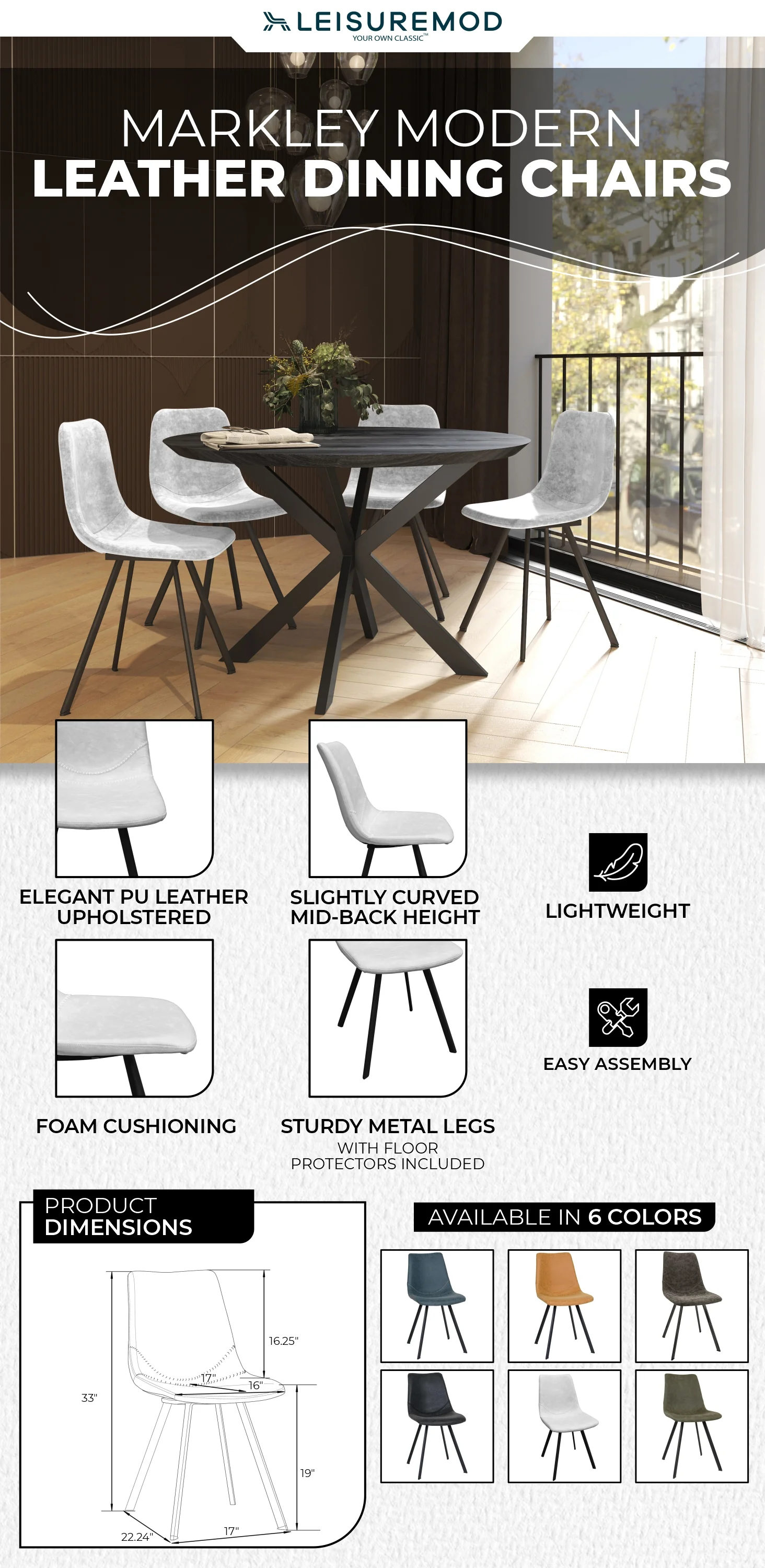 Markley Modern Leather Dining Chair With Metal Legs, Light Grey