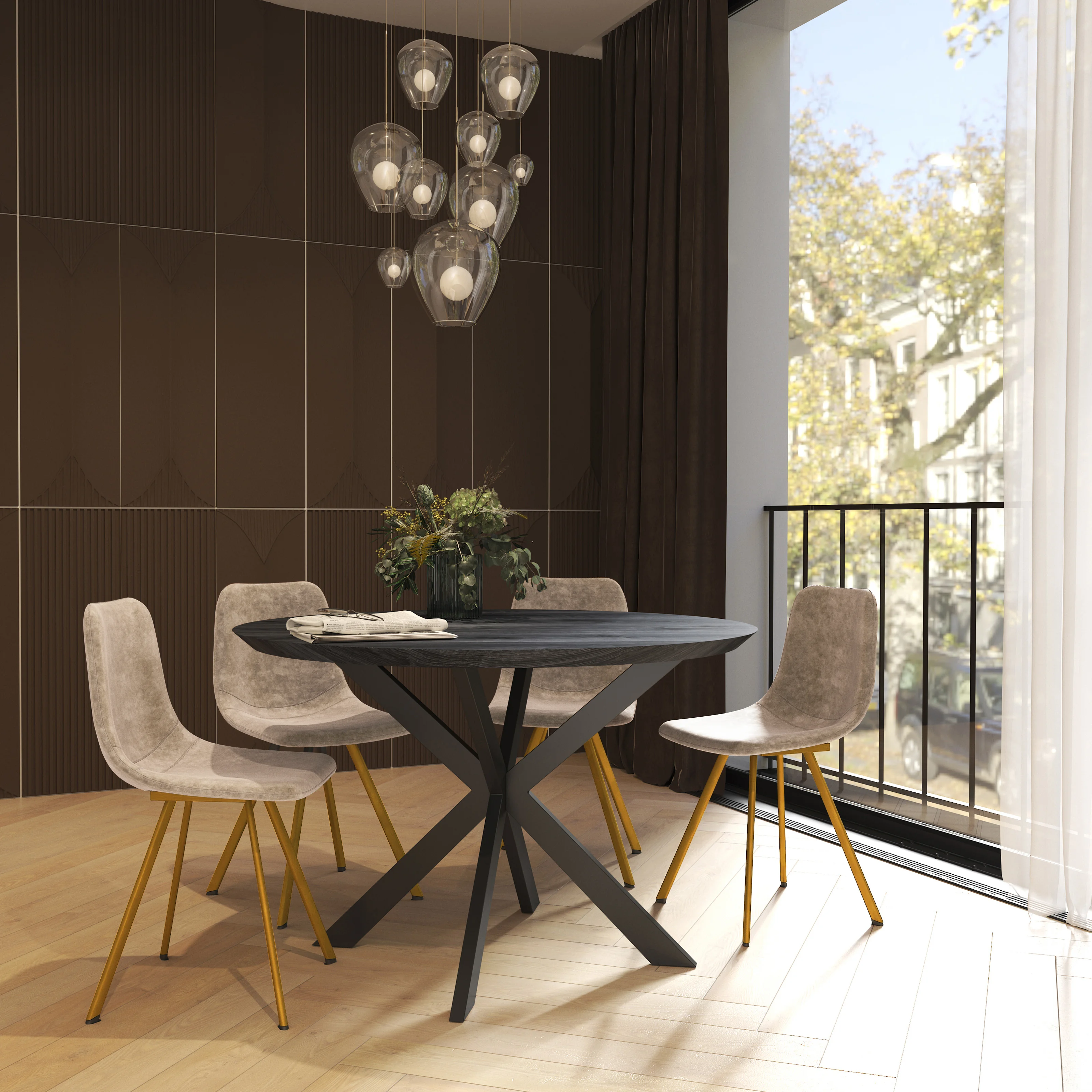 Markley Modern Leather Dining Chair With Gold Legs in Taupe Set of 2