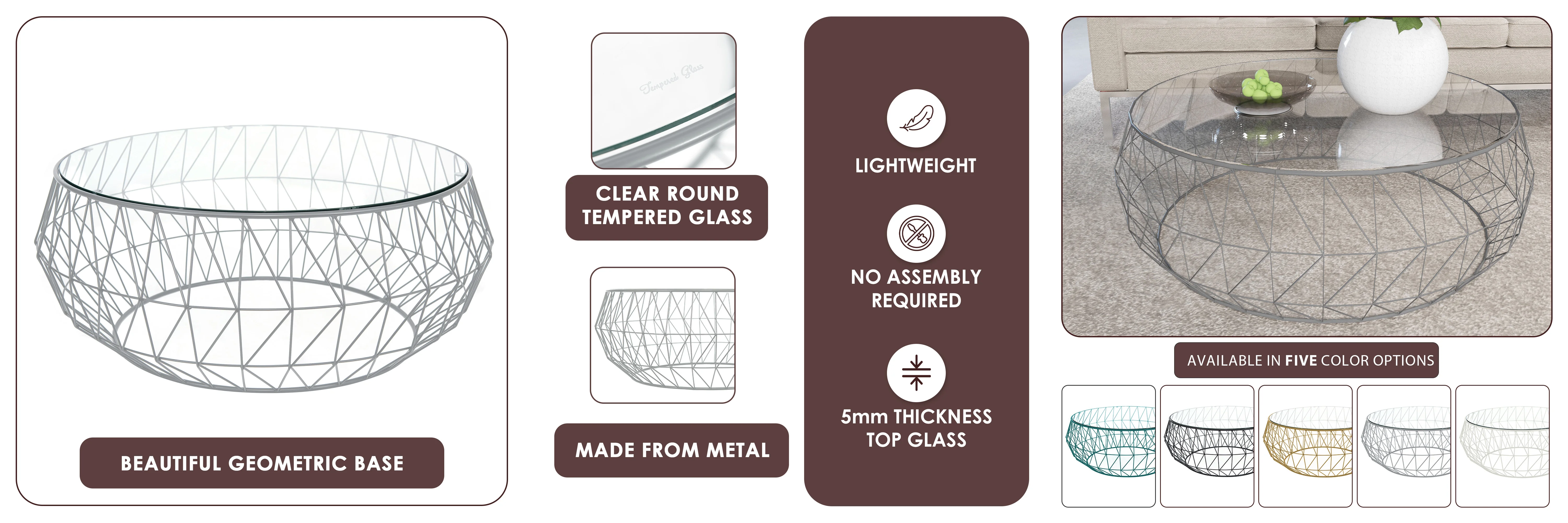 Malibu Modern Round Glass Top Coffee Table With Metal Base