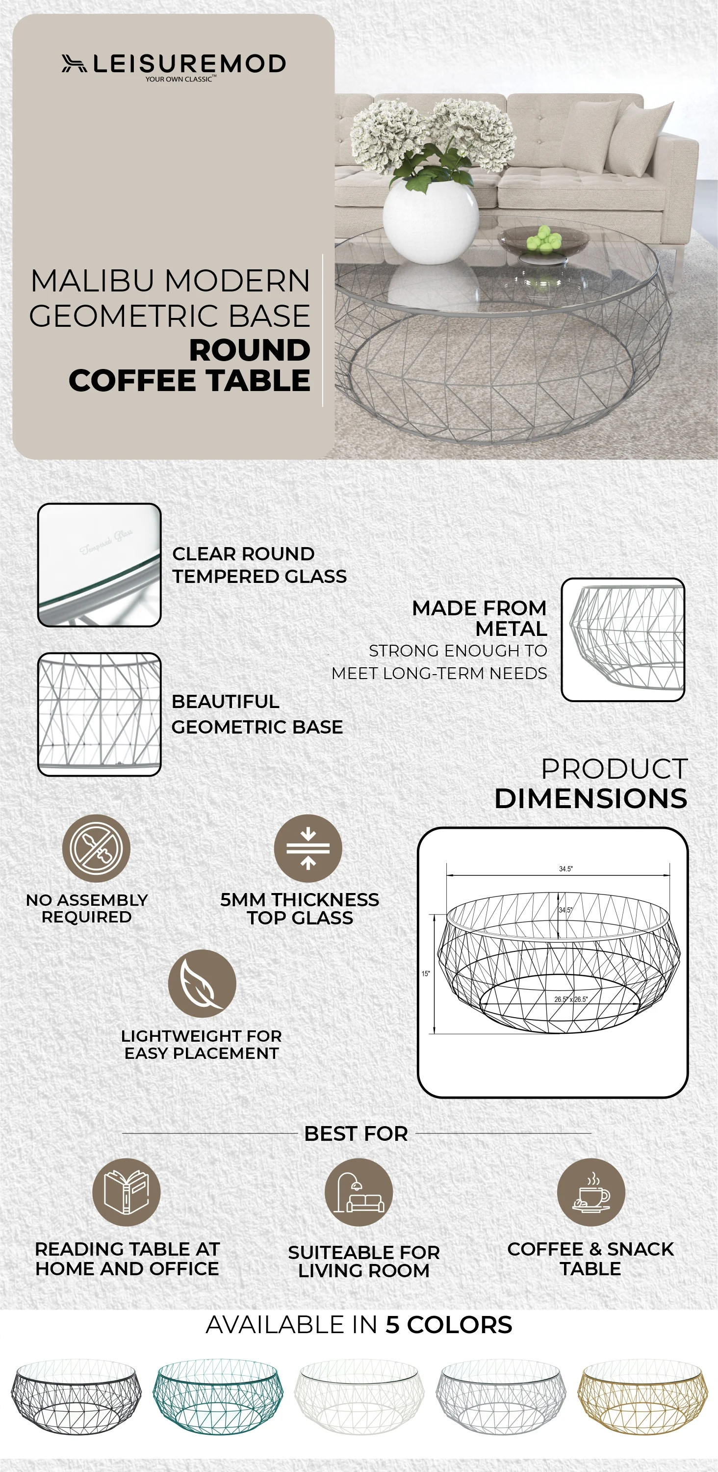 Malibu Modern Round Glass Top Coffee Table With Metal Base