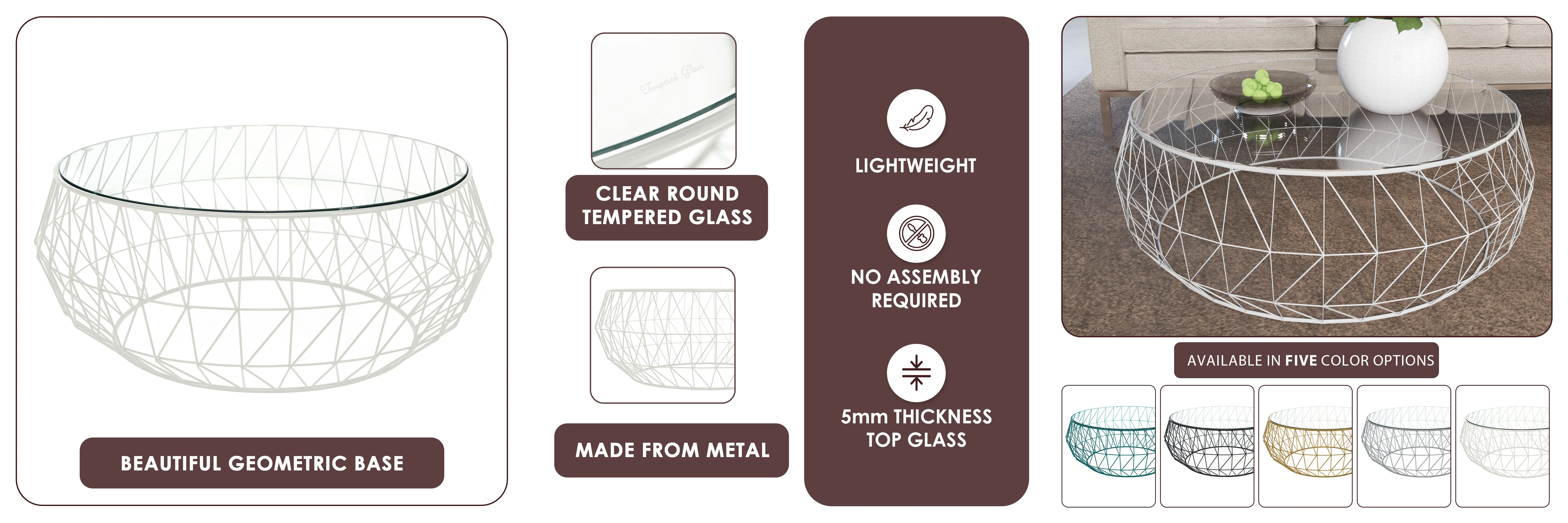 Malibu Modern Round Glass Top Coffee Table With Metal Base