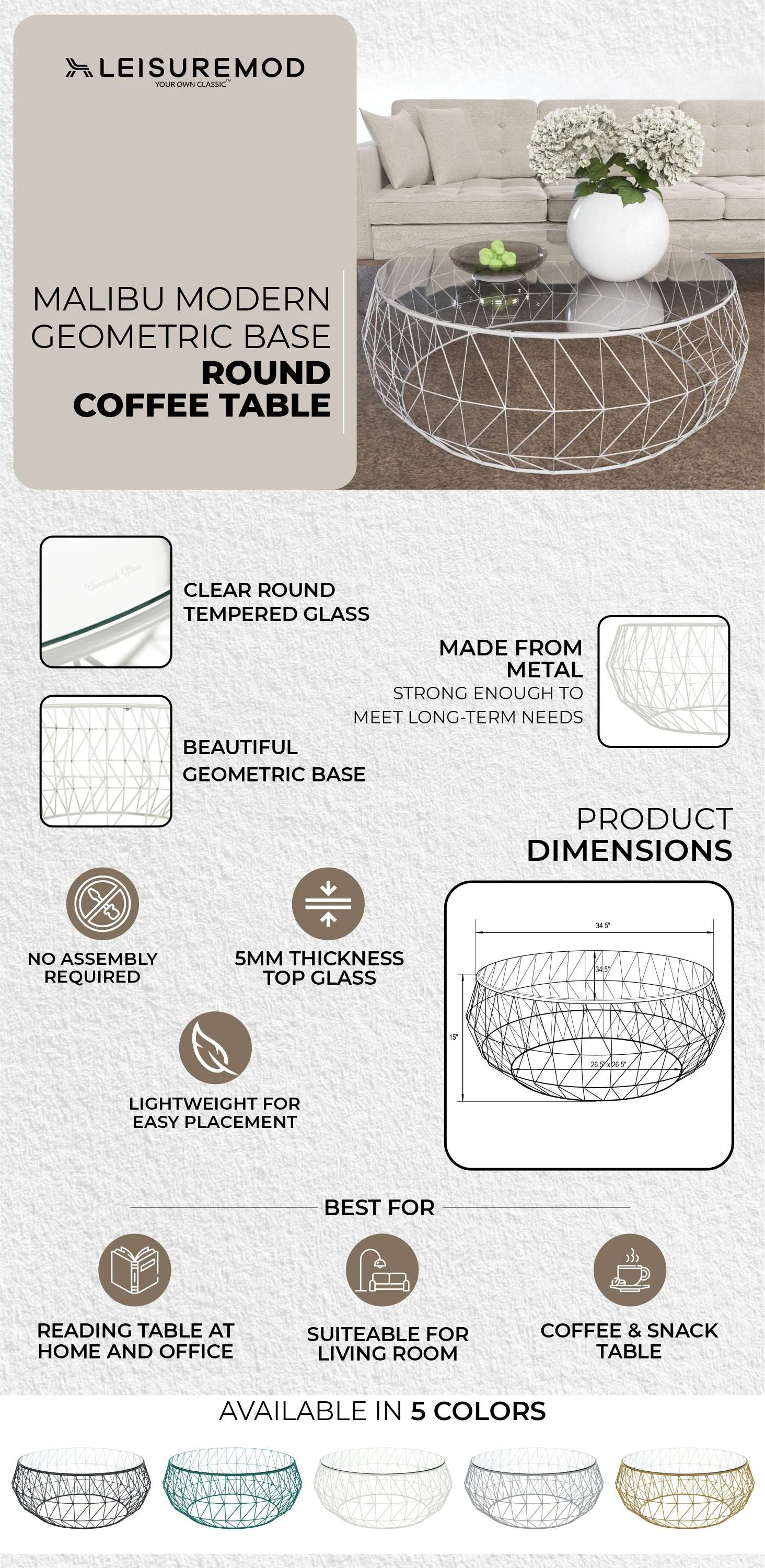 Malibu Modern Round Glass Top Coffee Table With Metal Base