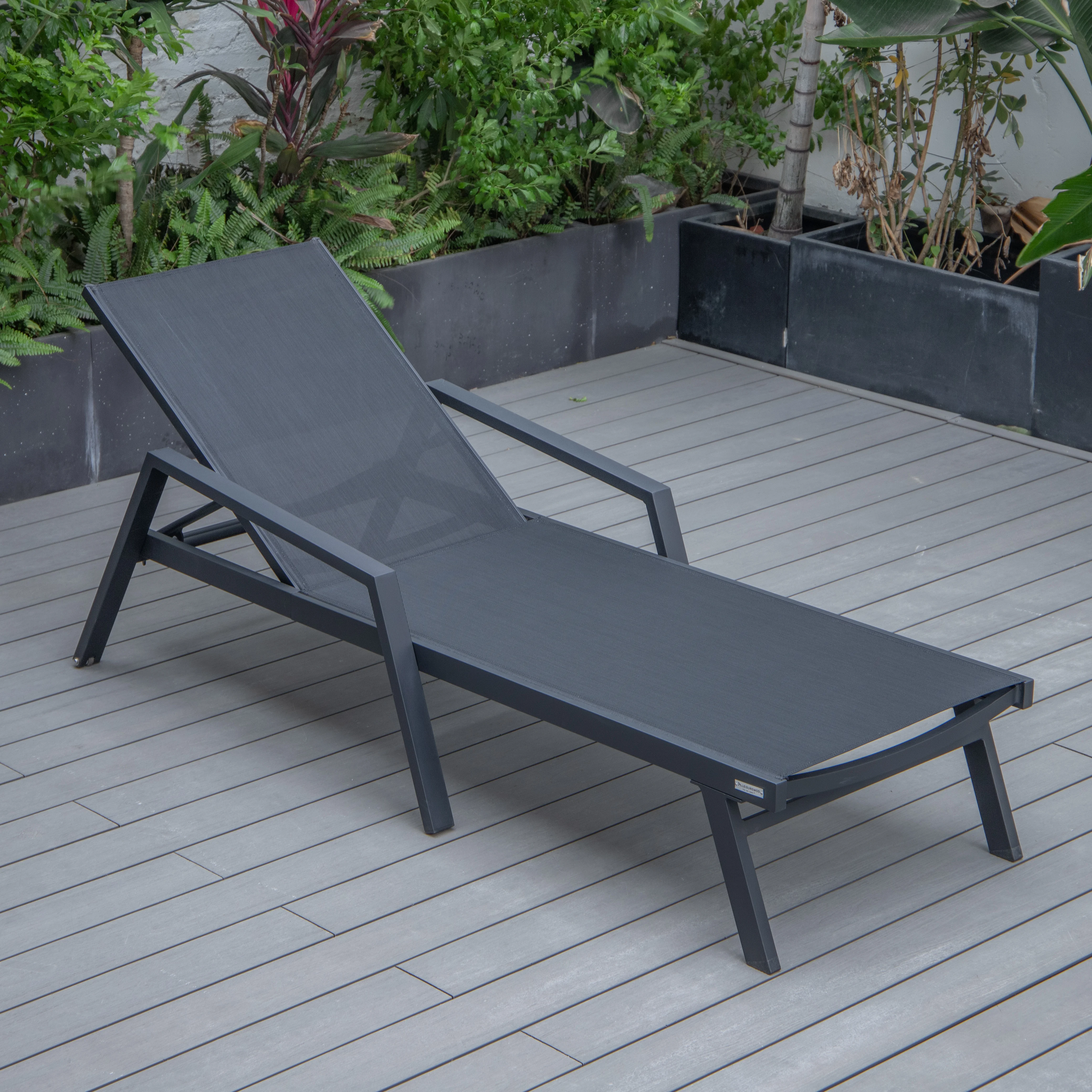 Marlin Patio Chaise Lounge Chair With Armrests in Black Aluminum Frame