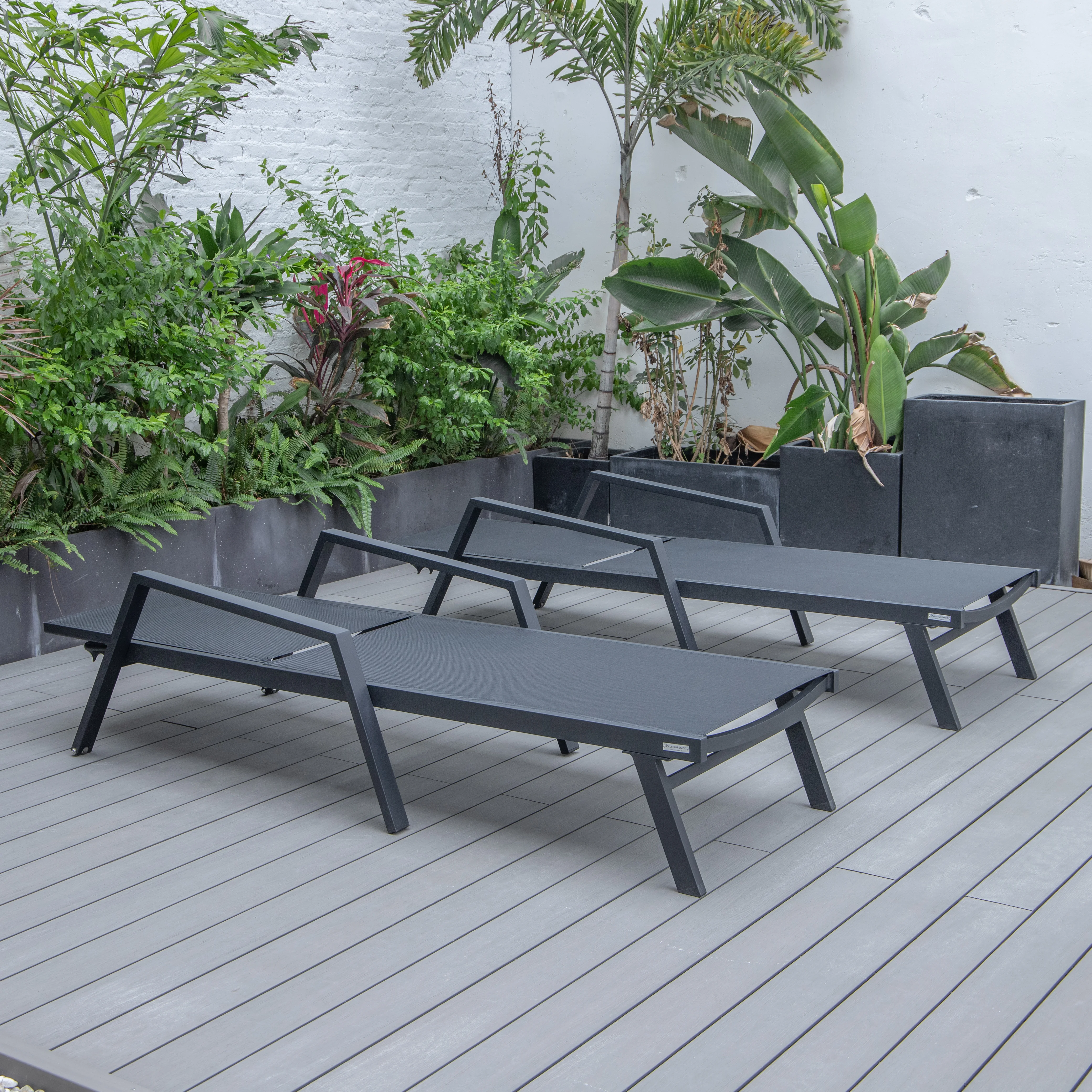 Marlin Patio Chaise Lounge Chair With Armrests in Black Aluminum Frame, Set of 2 in Black