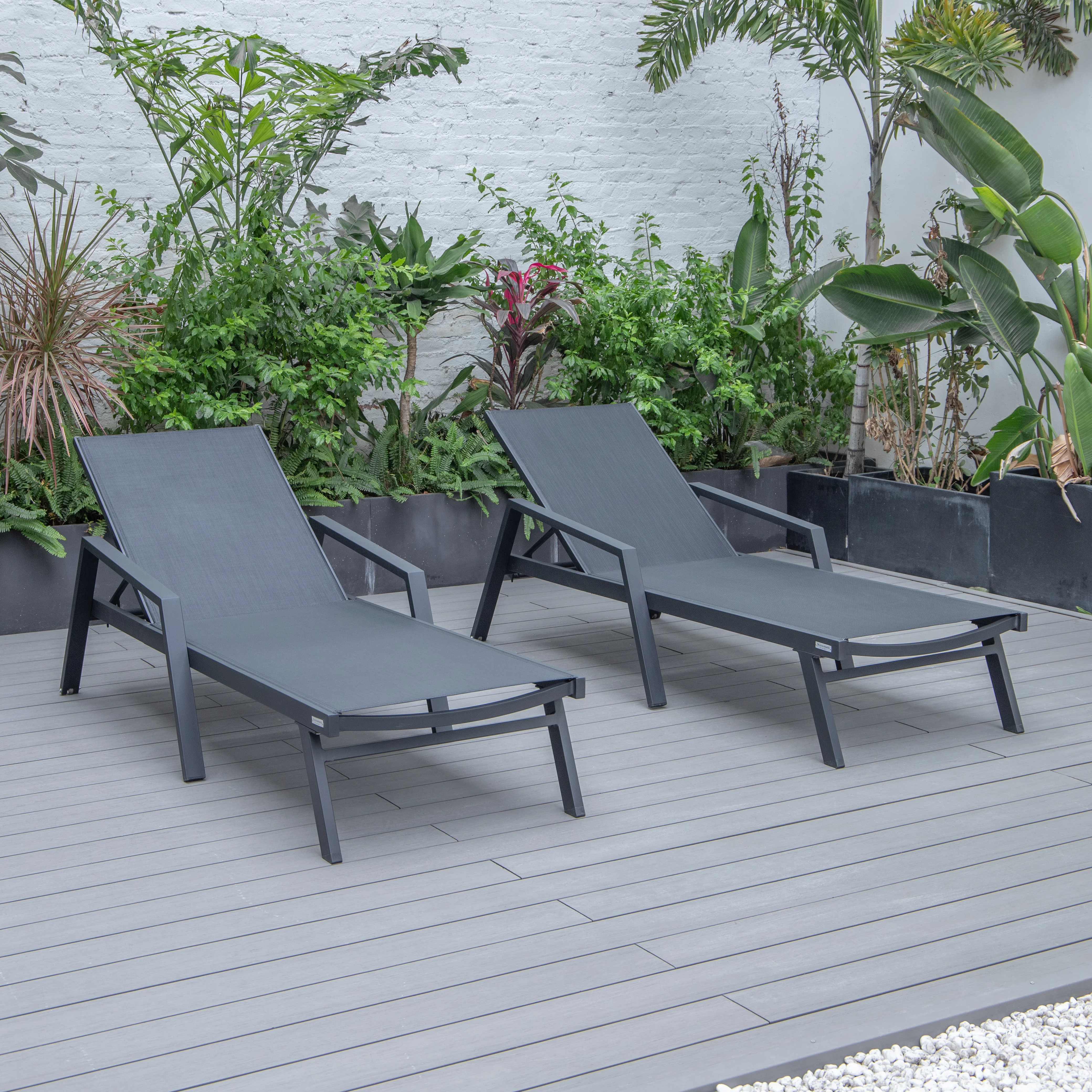 Marlin Patio Chaise Lounge Chair With Armrests in Black Aluminum Frame, Set of 2 in Black