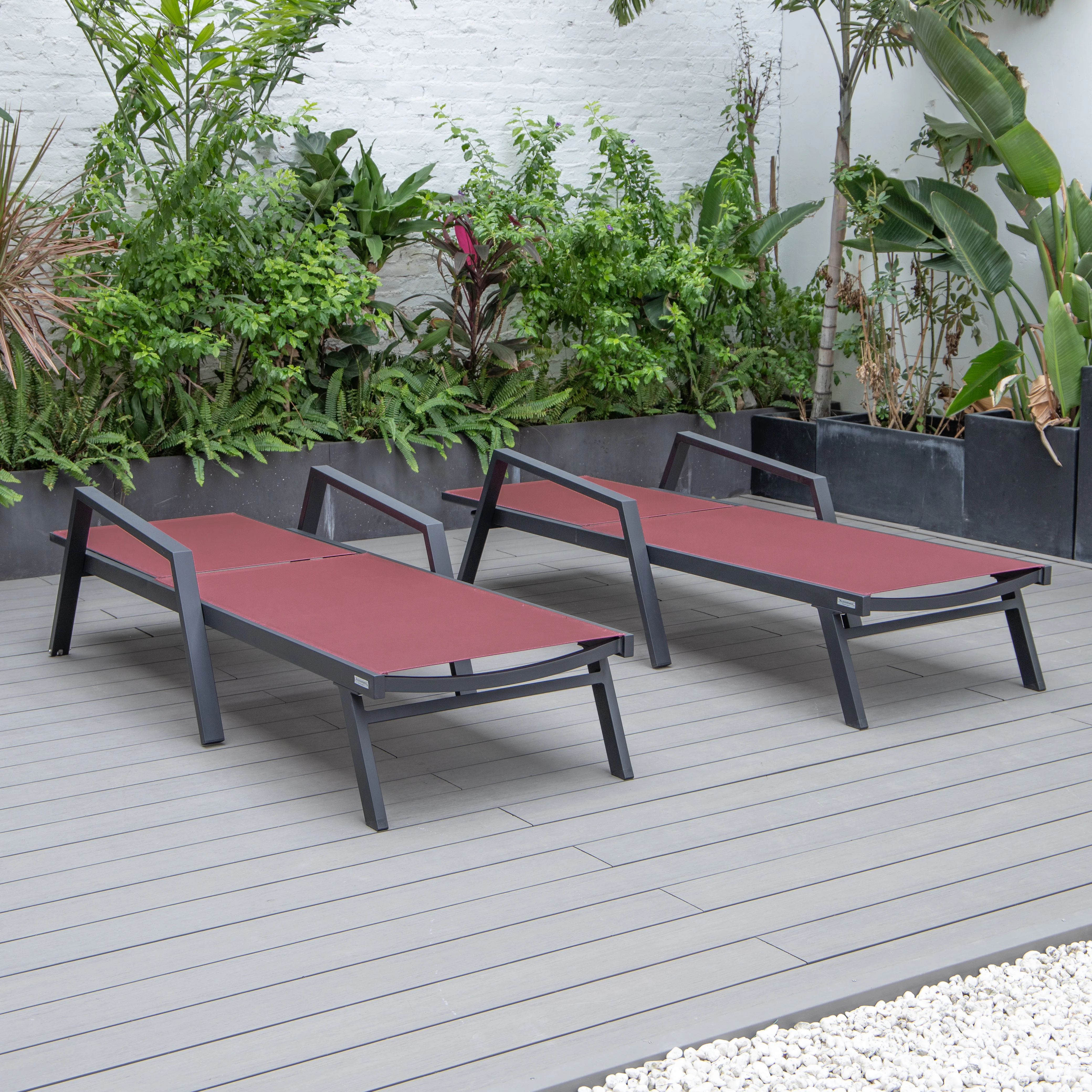 Marlin Patio Chaise Lounge Chair With Armrests in Black Aluminum Frame, Set of 2 in Burgundy