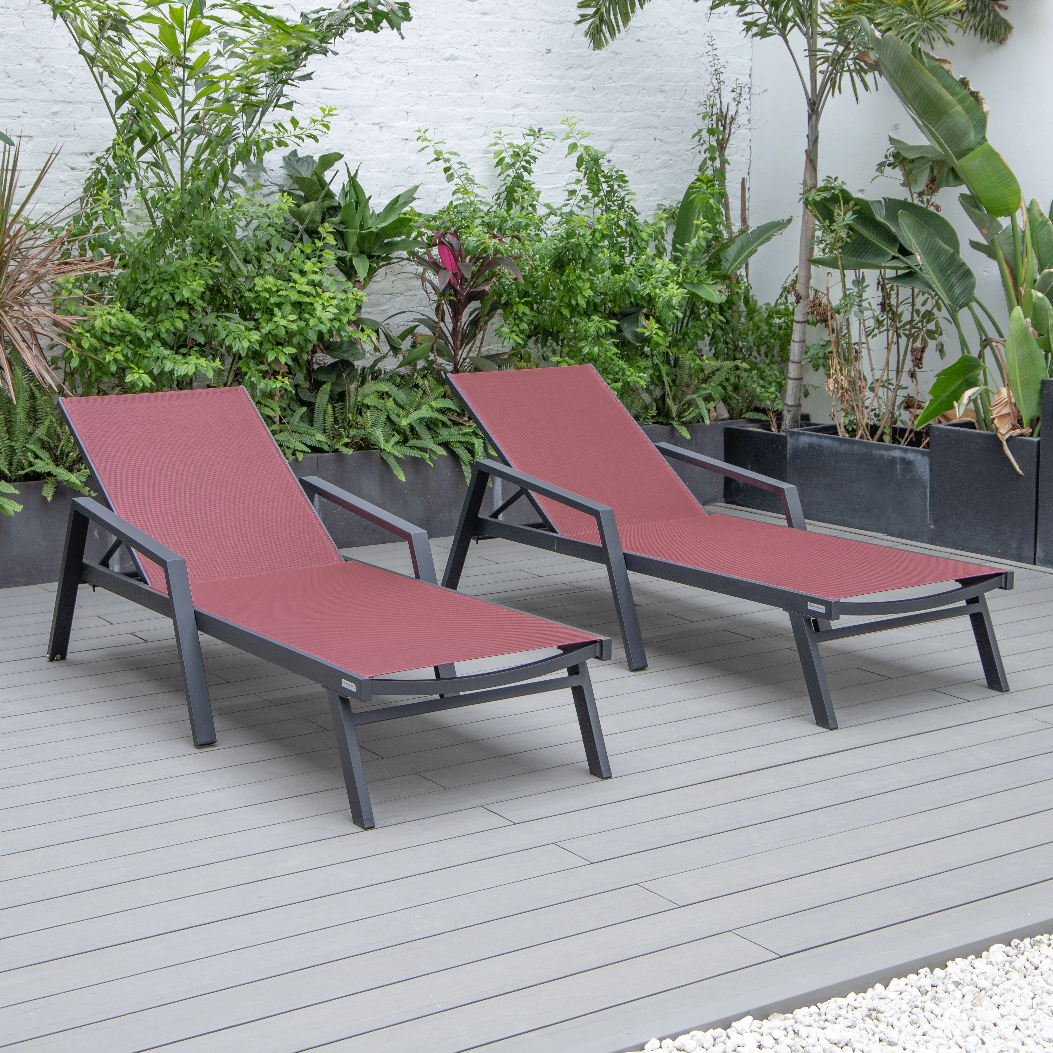 Marlin Patio Chaise Lounge Chair With Armrests in Black Aluminum Frame, Set of 2 in Burgundy