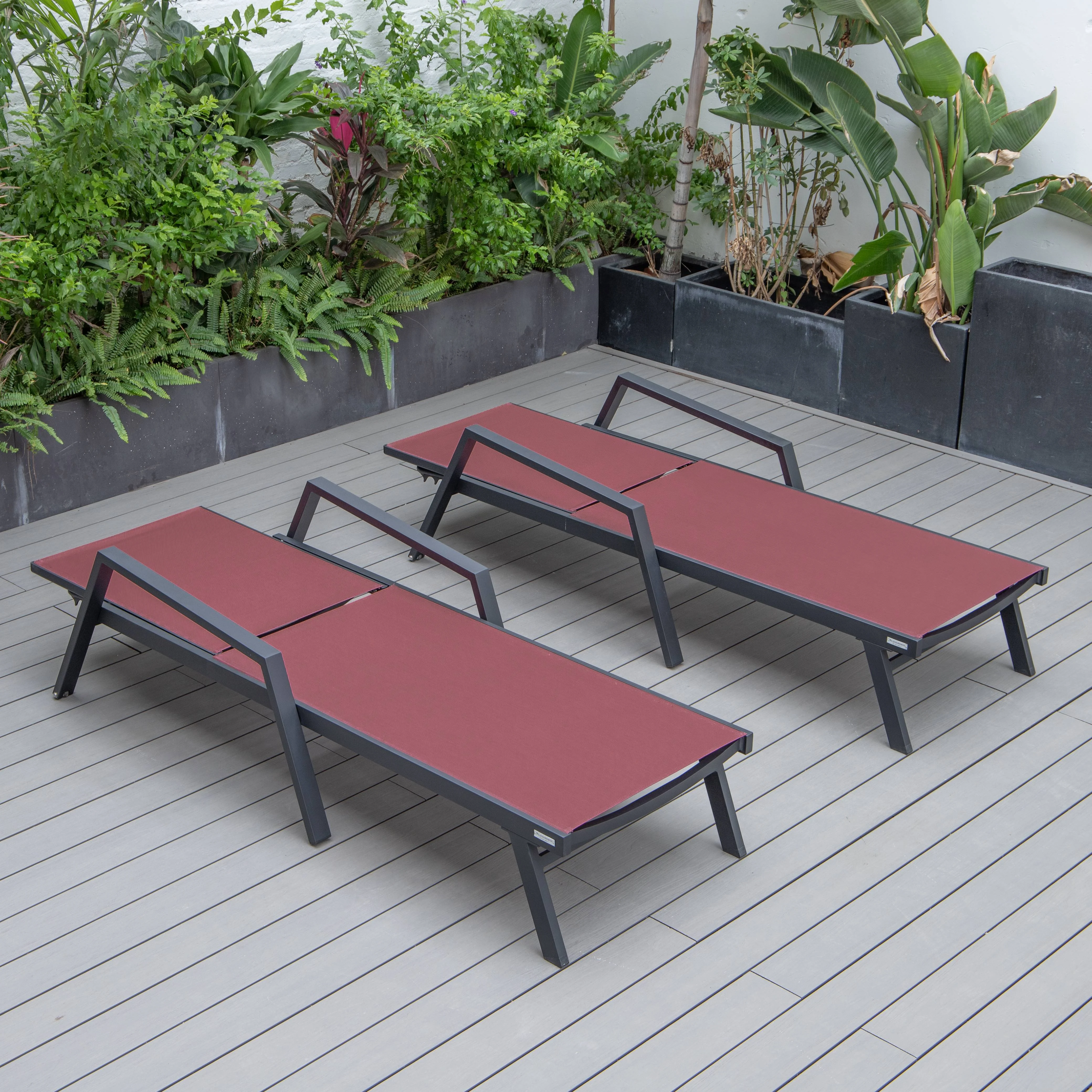 Marlin Patio Chaise Lounge Chair With Armrests in Black Aluminum Frame, Set of 2 in Burgundy