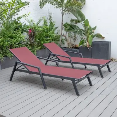 Marlin Patio Chaise Lounge Chair With Armrests in Black Aluminum Frame, Set of 2 in Burgundy