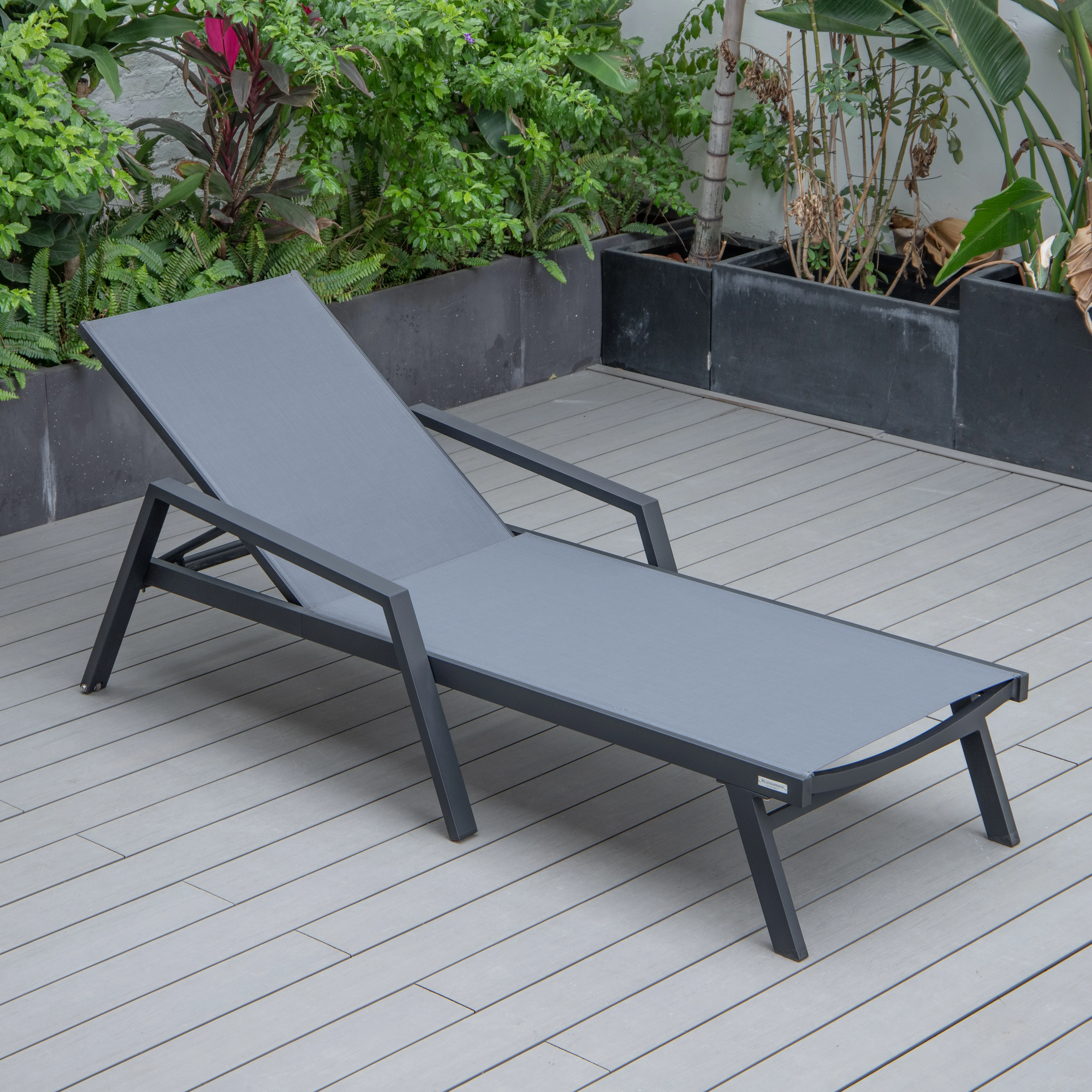 Marlin Patio Chaise Lounge Chair With Armrests in Black Aluminum Frame