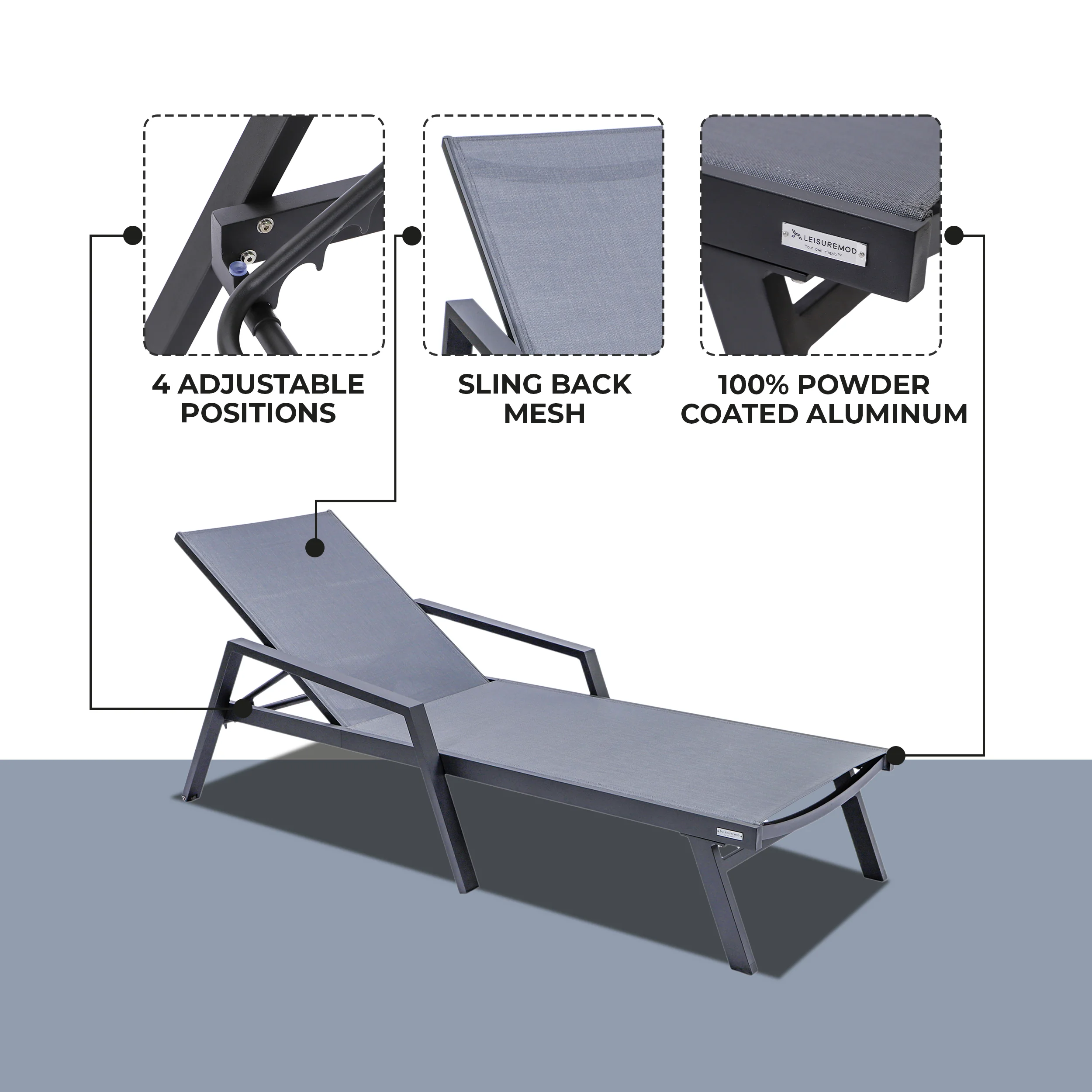 Marlin Patio Chaise Lounge Chair With Armrests in Black Aluminum Frame