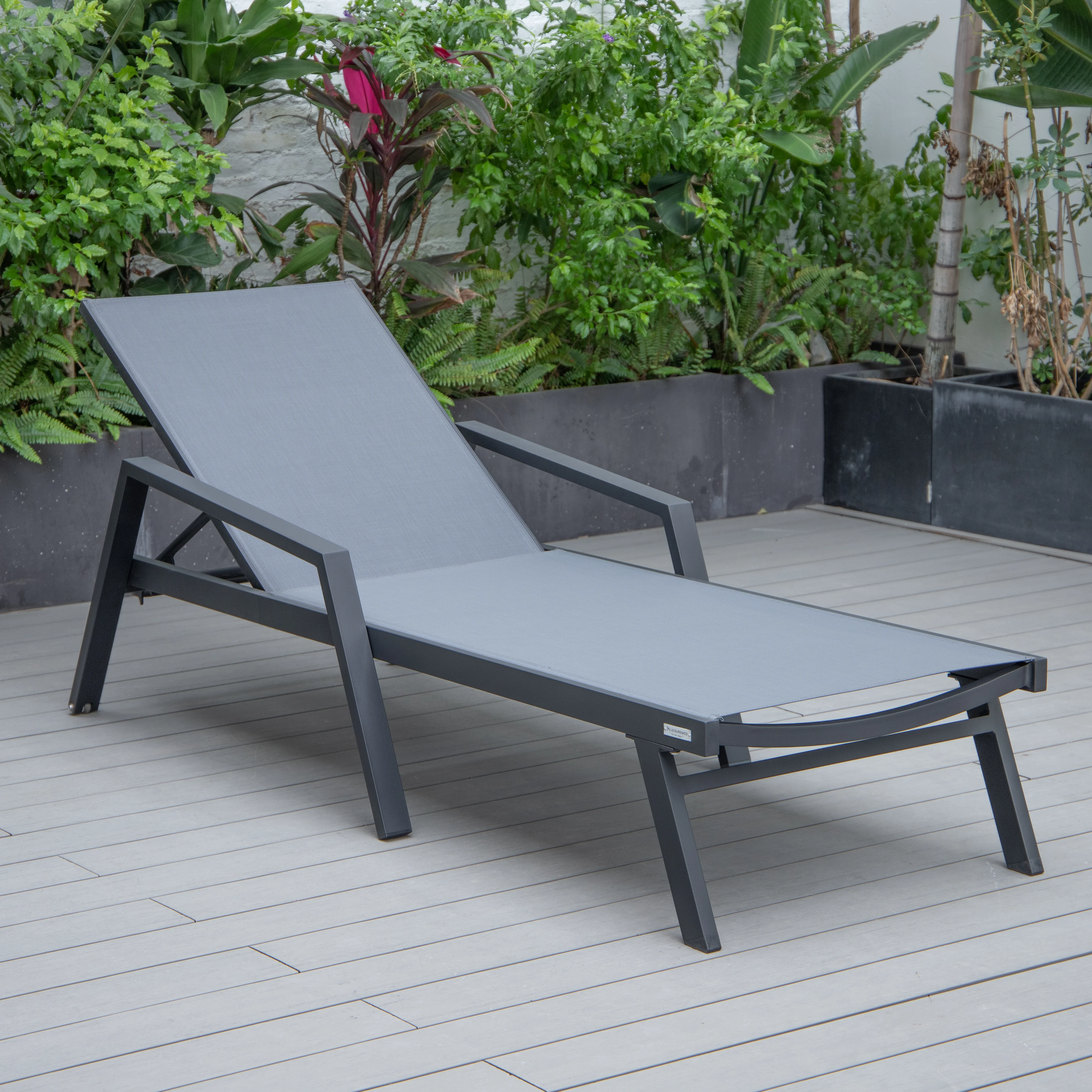 Marlin Patio Chaise Lounge Chair With Armrests in Black Aluminum Frame