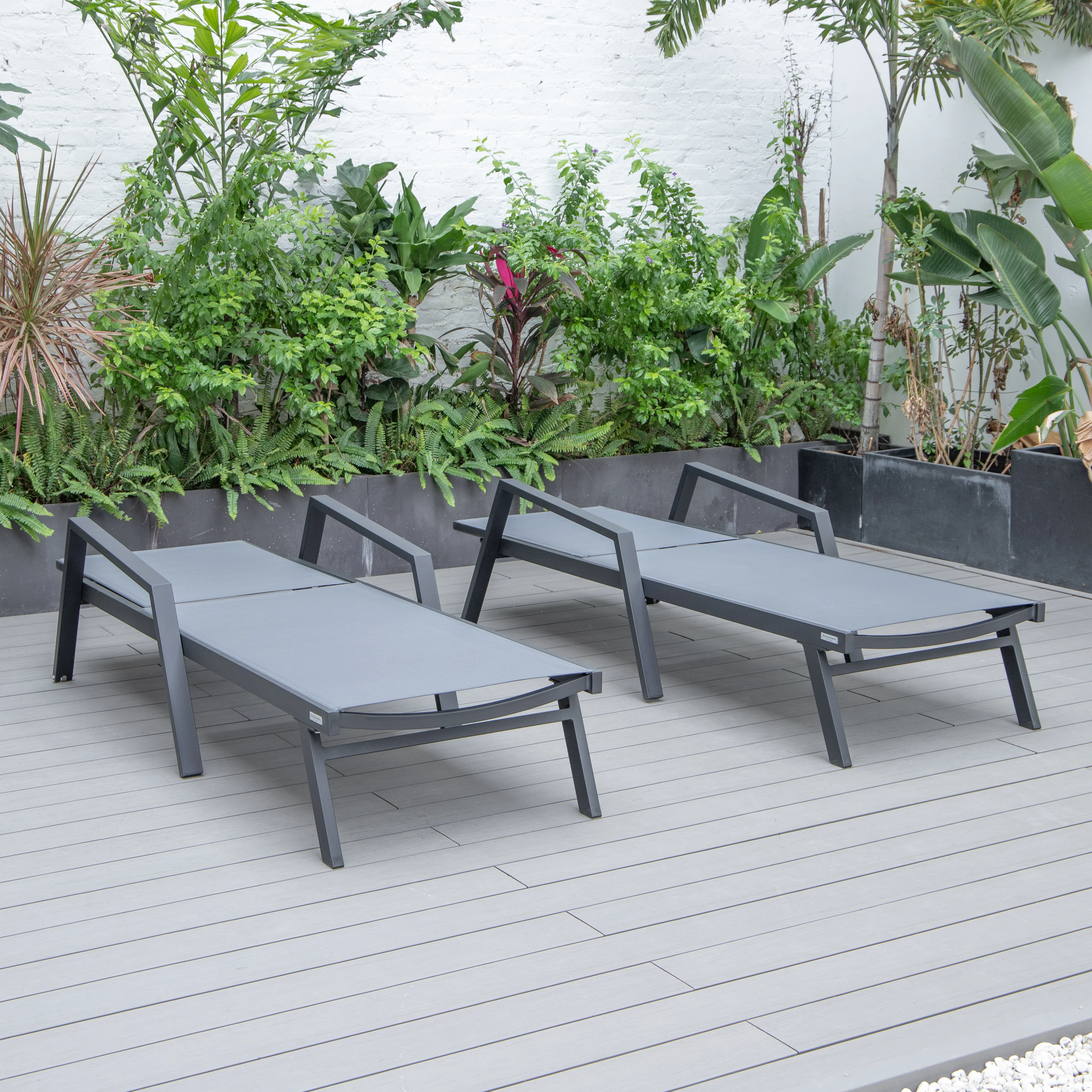 Marlin Patio Chaise Lounge Chair With Armrests in Black Aluminum Frame, Set of 2 in Dark Grey