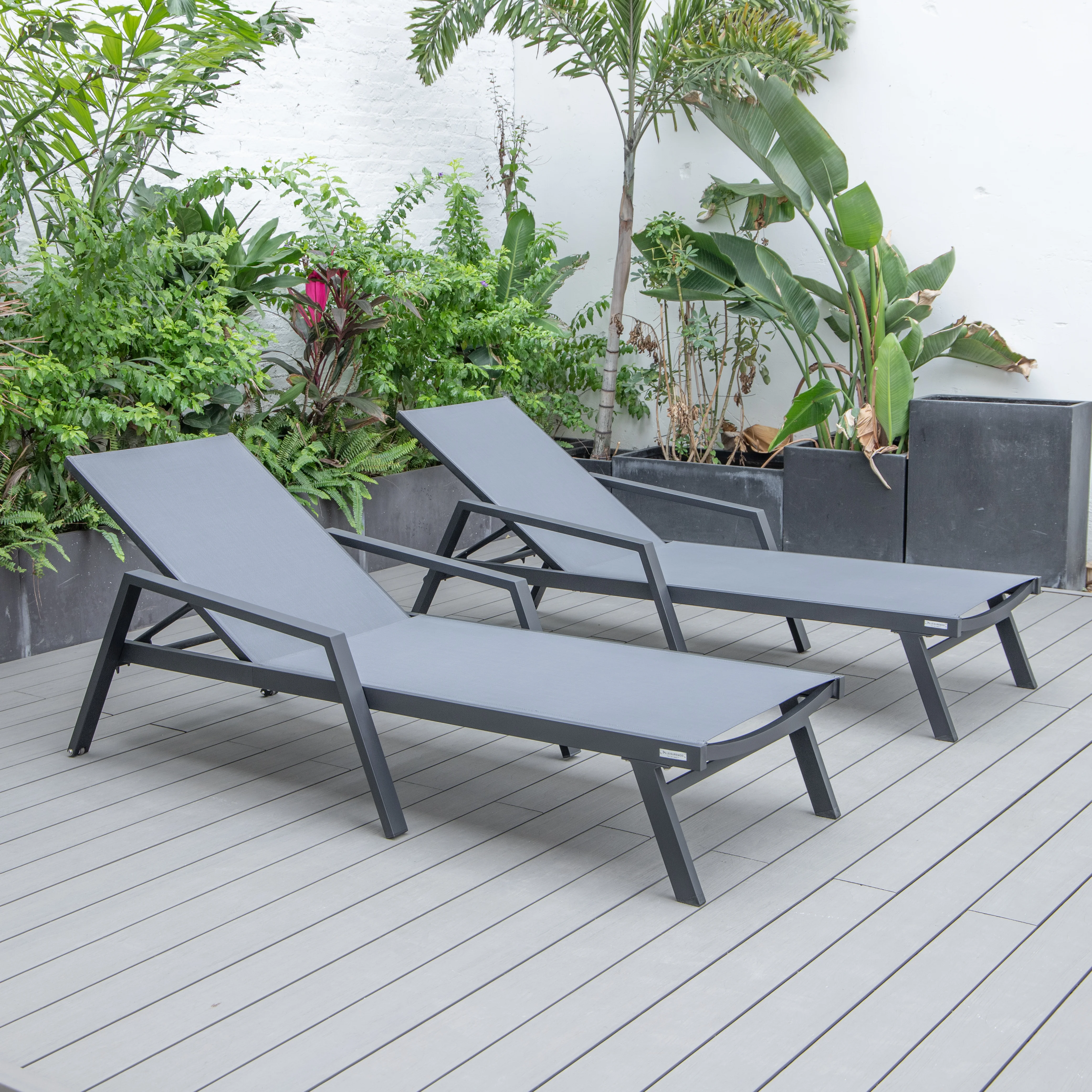 Marlin Patio Chaise Lounge Chair With Armrests in Black Aluminum Frame, Set of 2 in Dark Grey