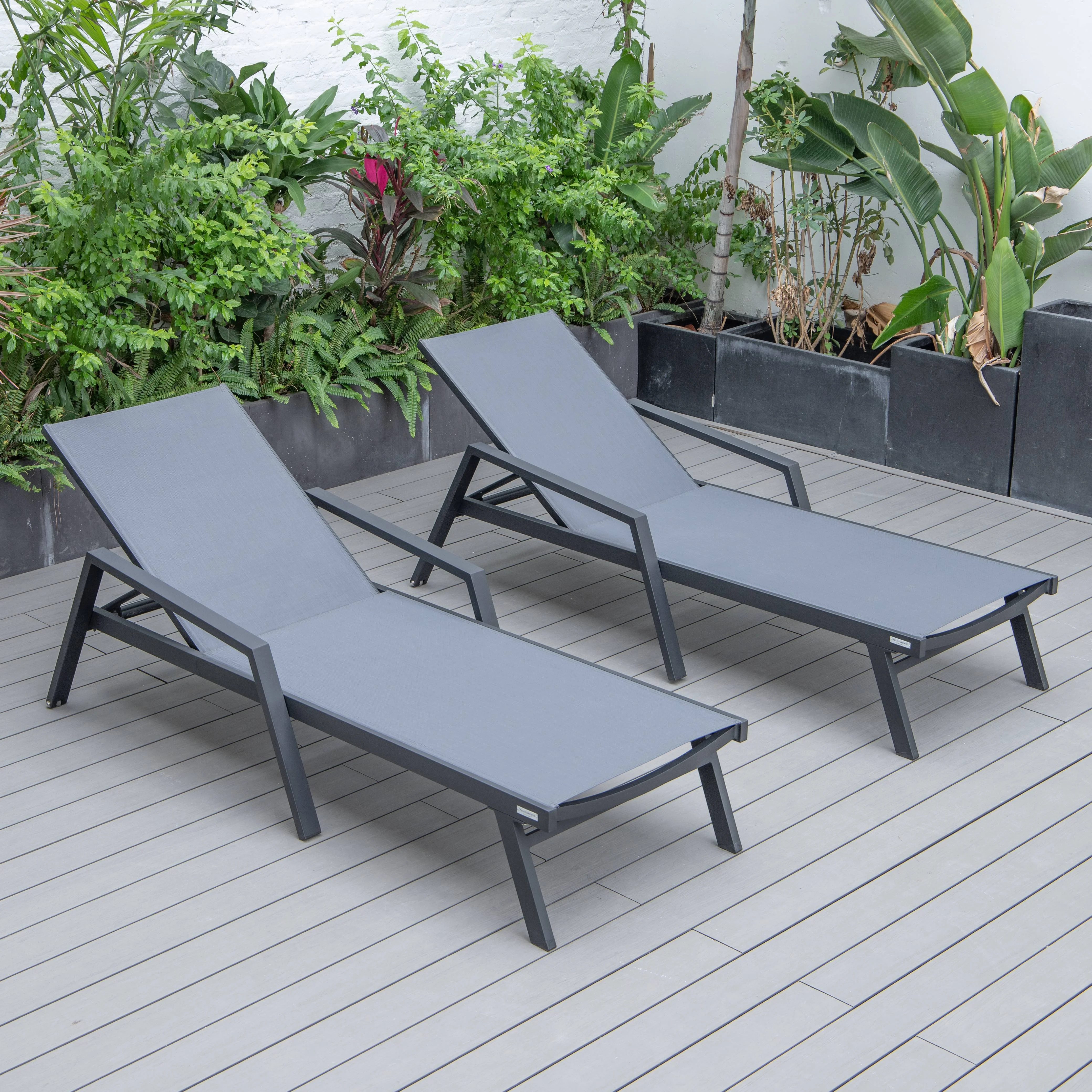 Marlin Patio Chaise Lounge Chair With Armrests in Black Aluminum Frame, Set of 2 in Dark Grey