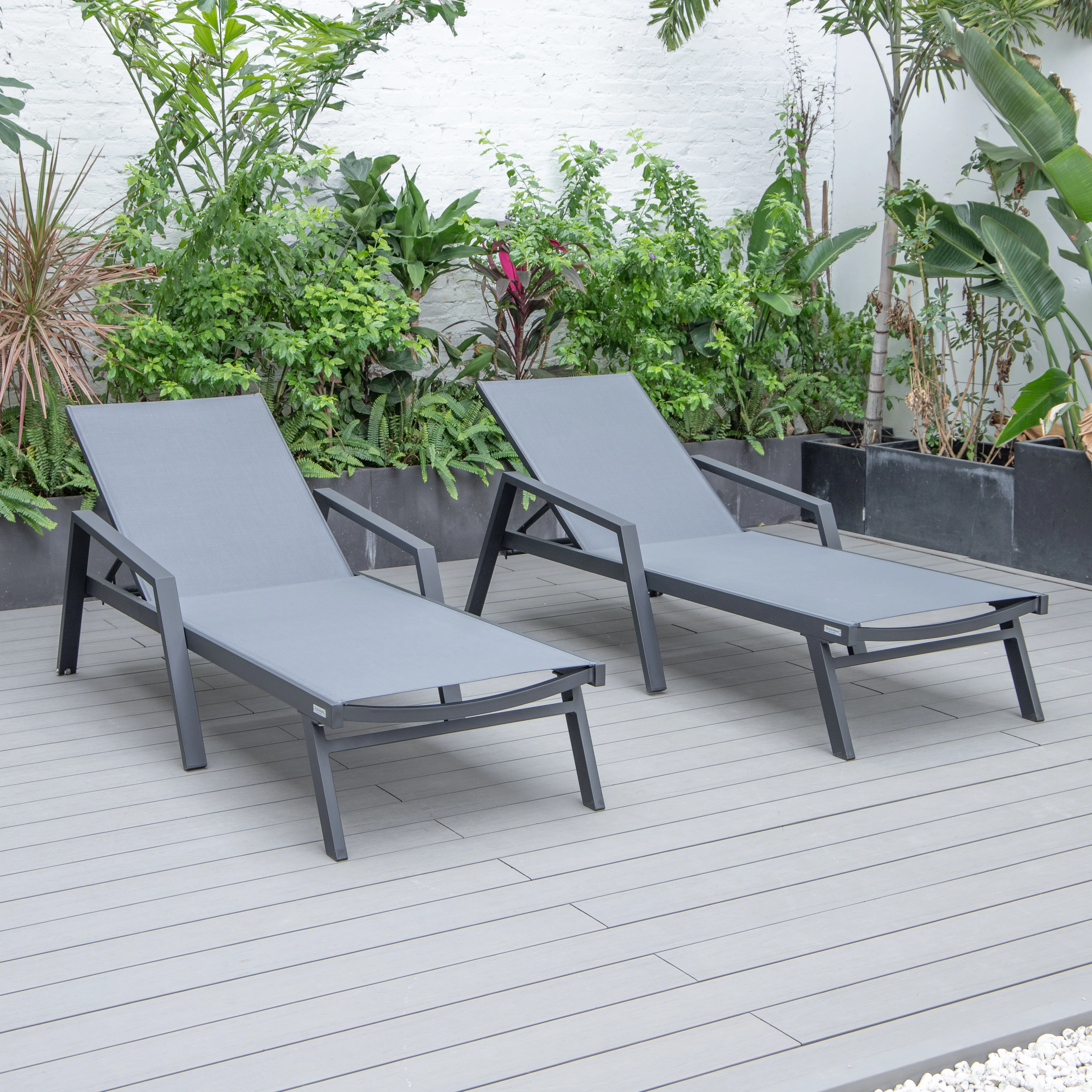 Marlin Patio Chaise Lounge Chair With Armrests in Black Aluminum Frame, Set of 2 in Dark Grey