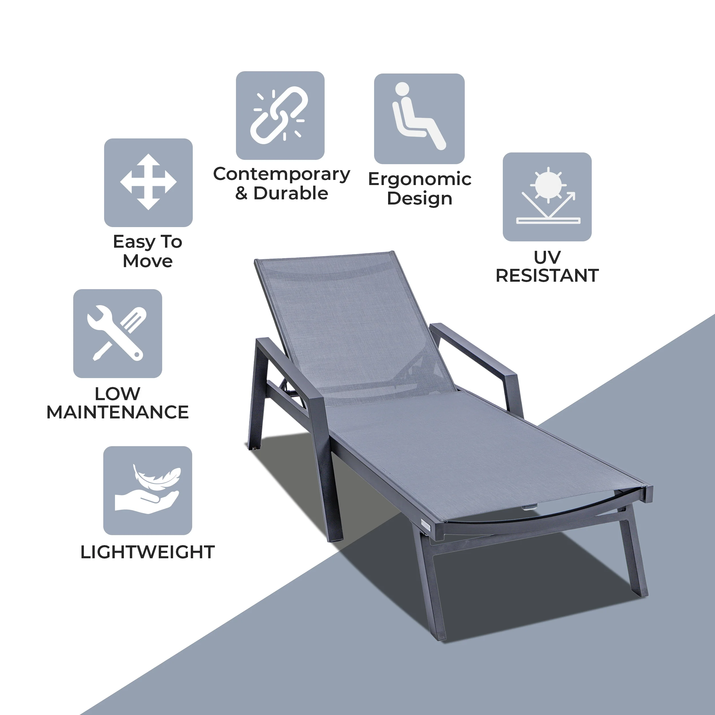 Marlin Patio Chaise Lounge Chair With Armrests in Black Aluminum Frame, Set of 2 in Dark Grey