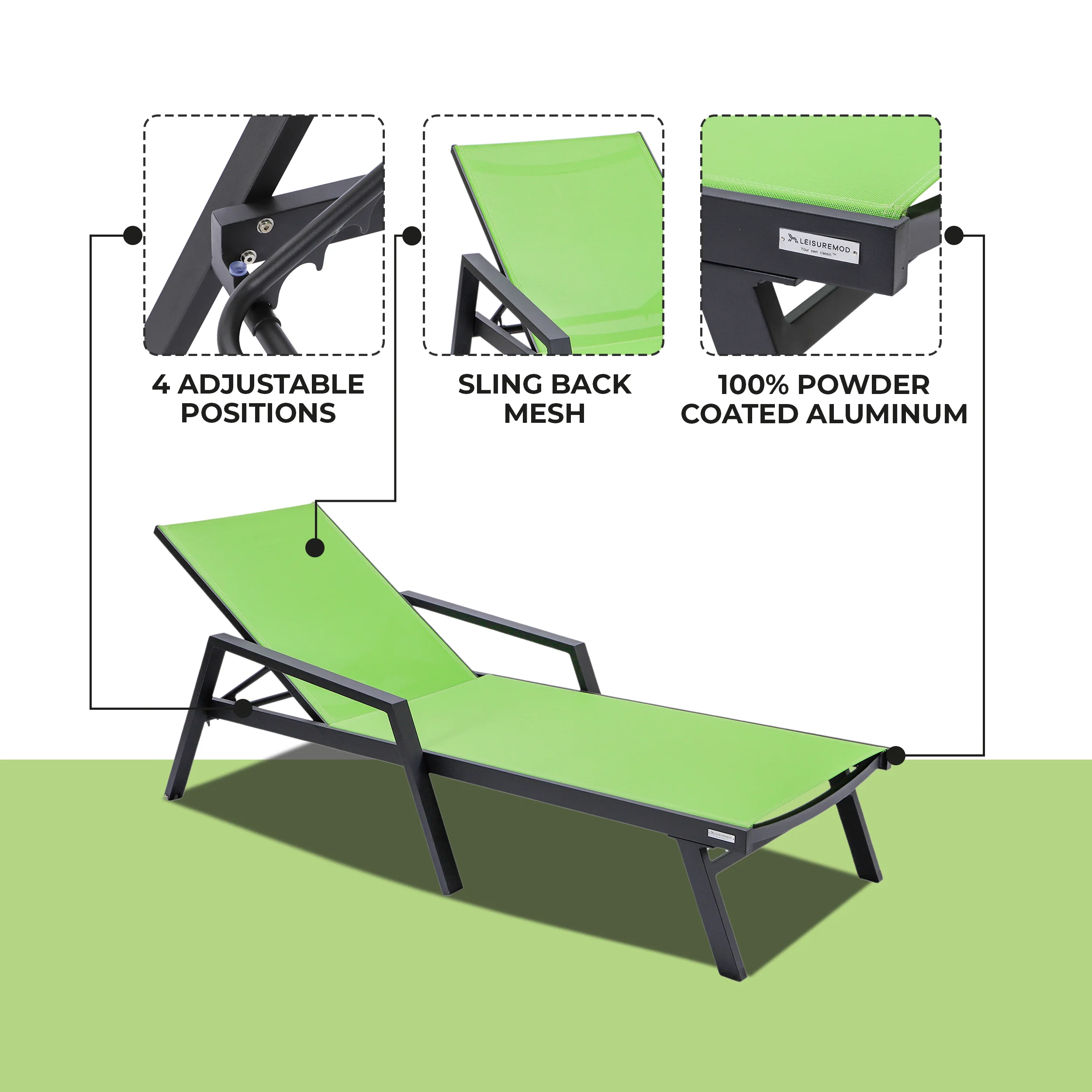 Marlin Patio Chaise Lounge Chair With Armrests in Black Aluminum Frame