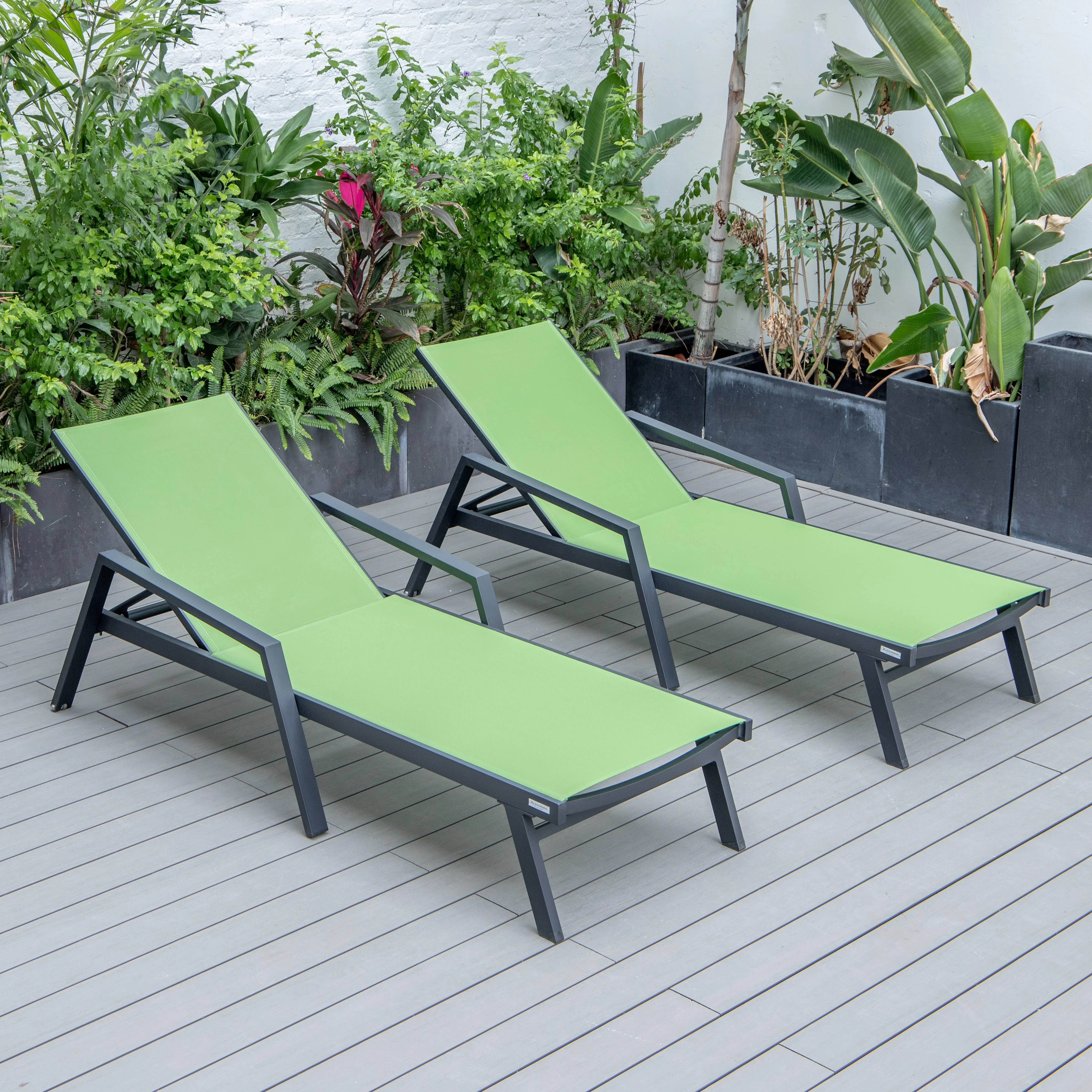 Marlin Patio Chaise Lounge Chair With Armrests in Black Aluminum Frame, Set of 2 in Green