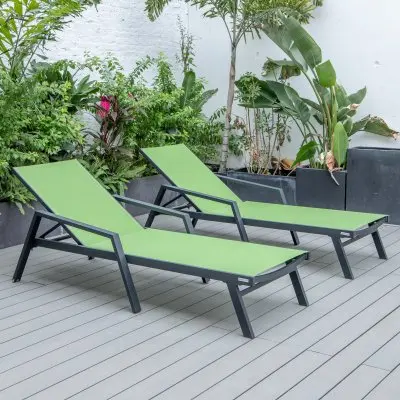 Marlin Patio Chaise Lounge Chair With Armrests in Black Aluminum Frame, Set of 2 in Green