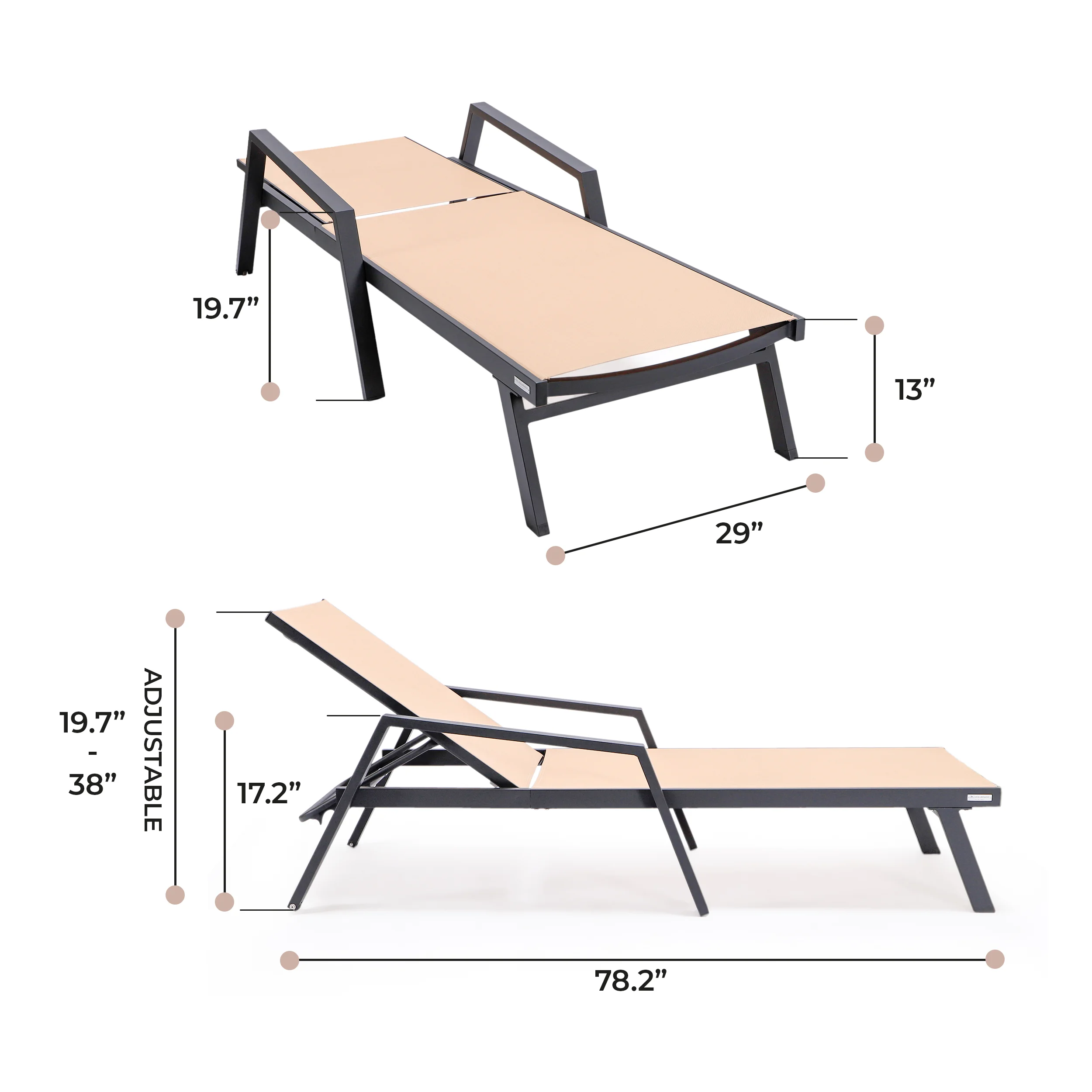 Marlin Patio Chaise Lounge Chair With Armrests in Black Aluminum Frame