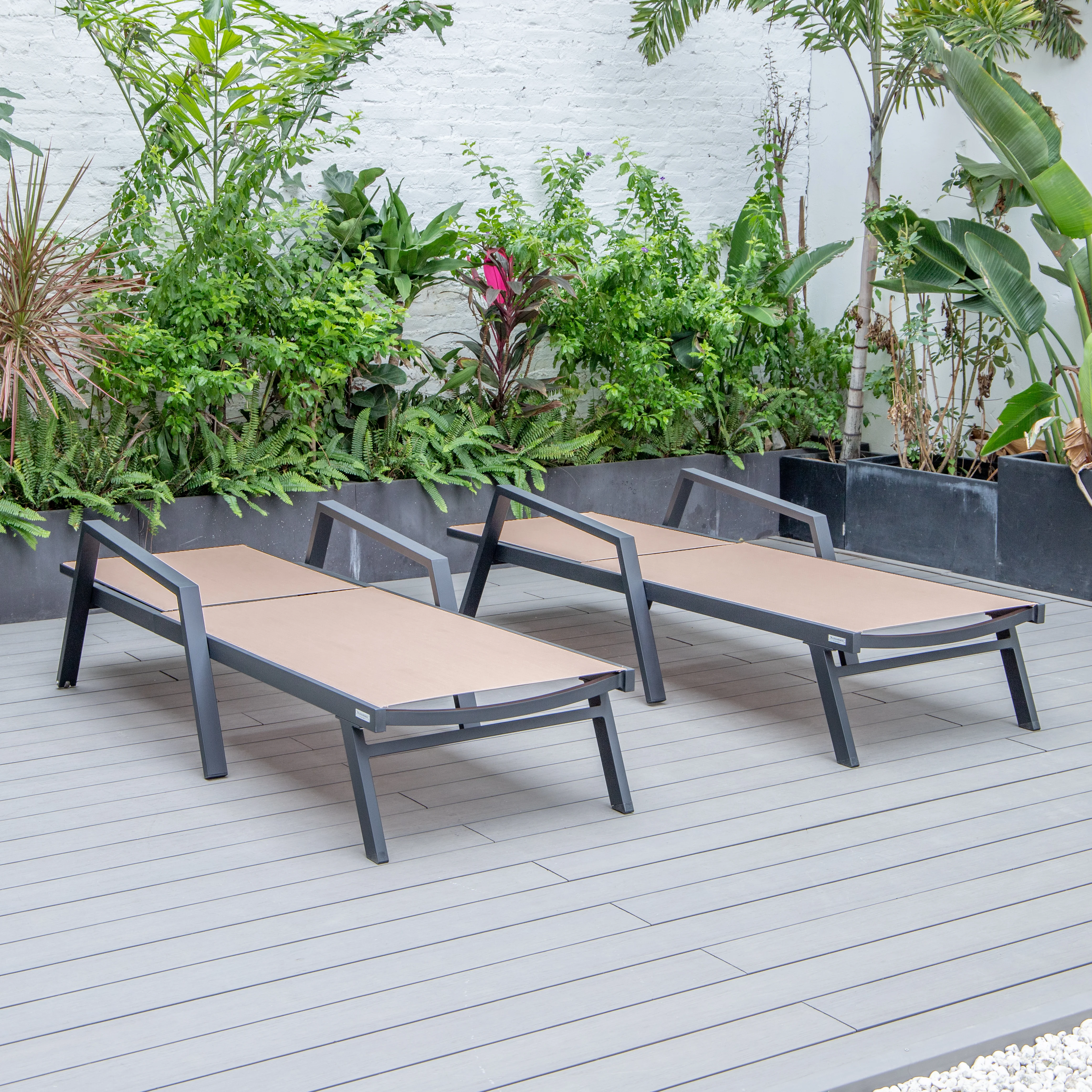 Marlin Patio Chaise Lounge Chair With Armrests in Black Aluminum Frame, Set of 2 in Light Brown