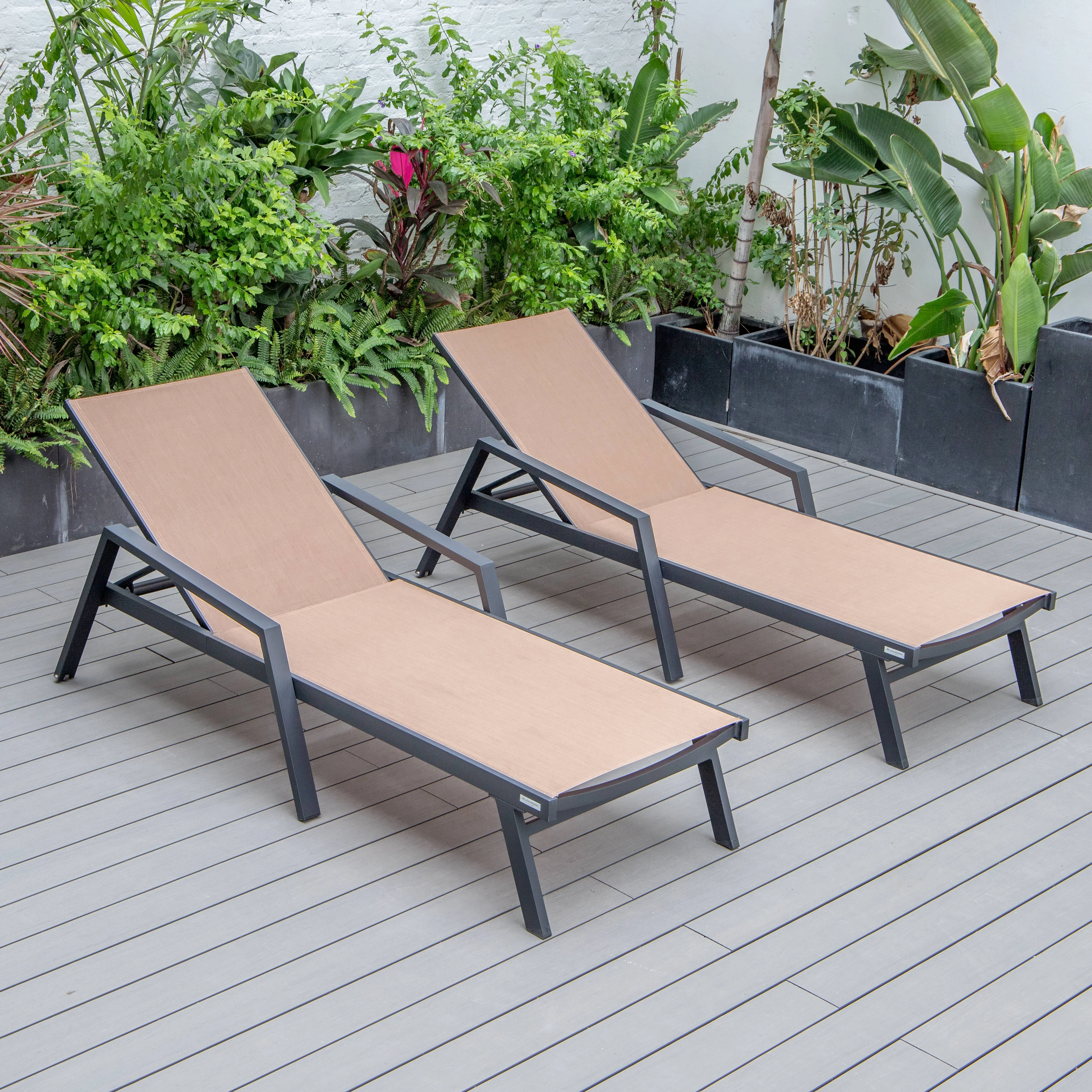 Marlin Patio Chaise Lounge Chair With Armrests in Black Aluminum Frame, Set of 2 in Light Brown