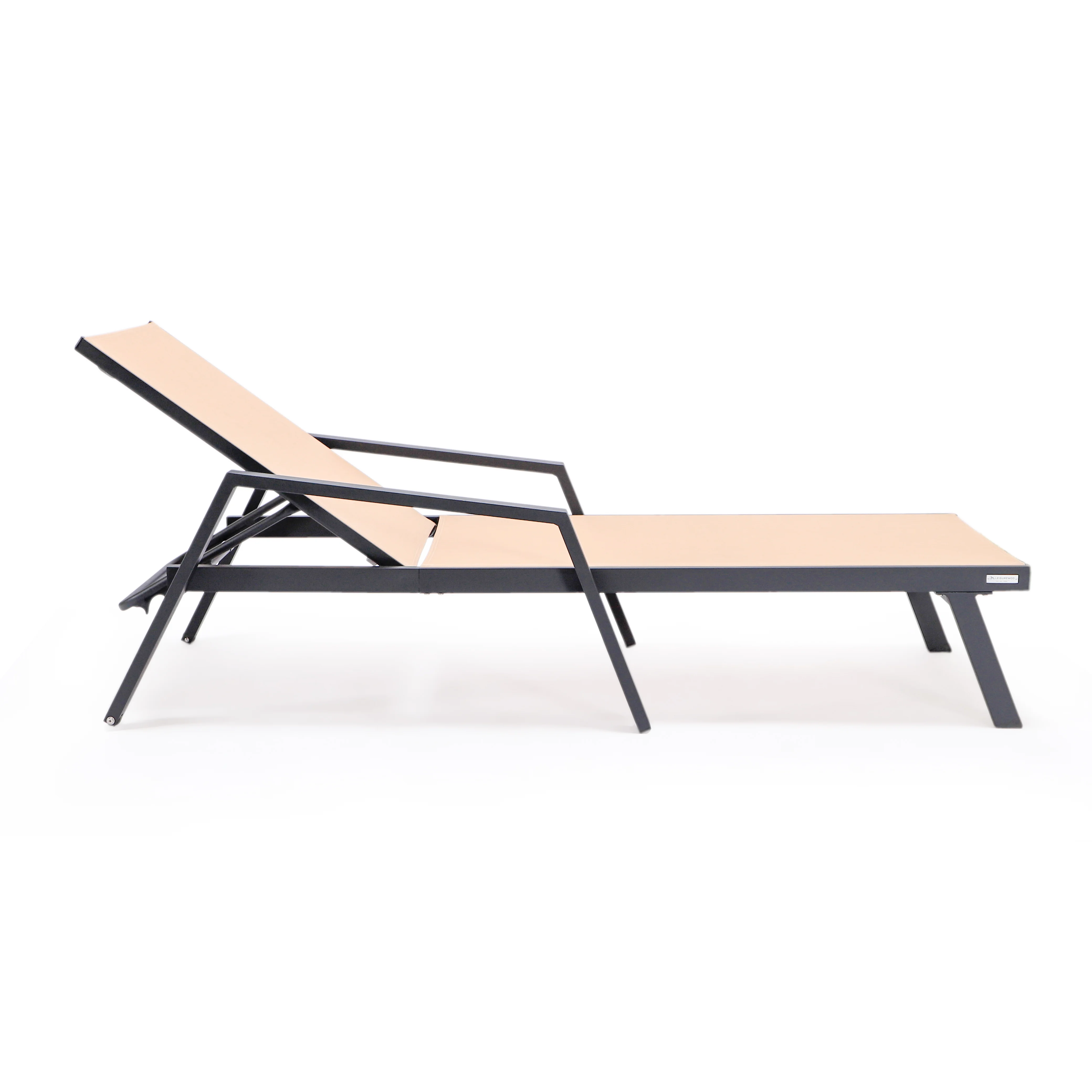 Marlin Patio Chaise Lounge Chair With Armrests in Black Aluminum Frame, Set of 2 in Light Brown