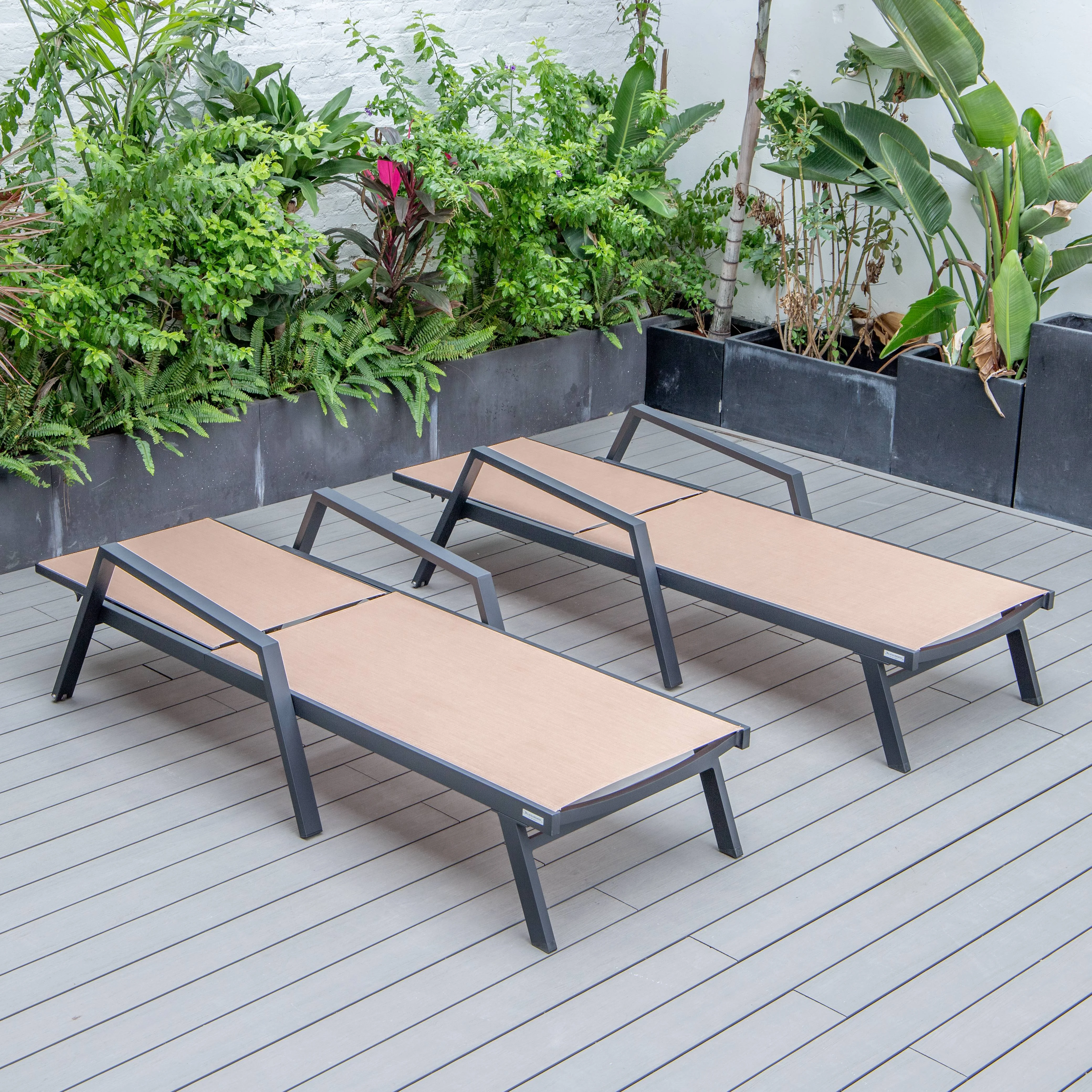 Marlin Patio Chaise Lounge Chair With Armrests in Black Aluminum Frame, Set of 2 in Light Brown