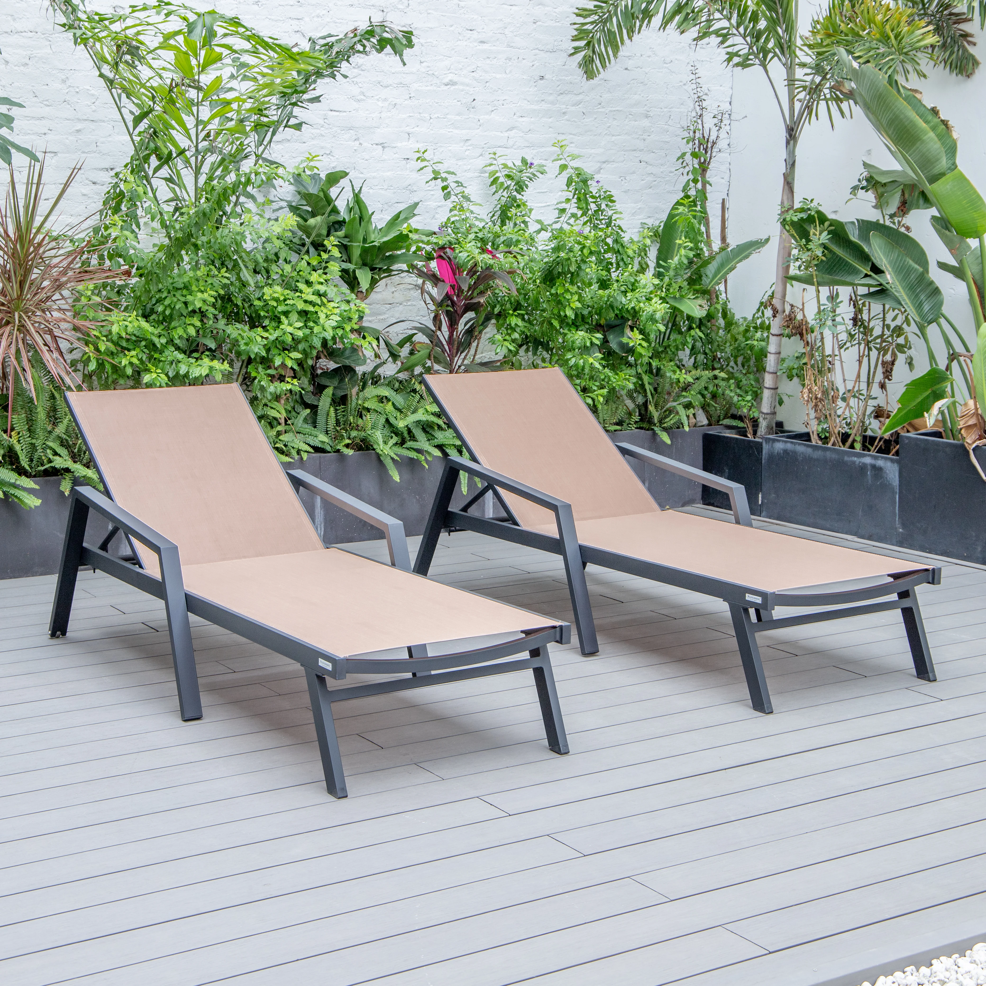 Marlin Patio Chaise Lounge Chair With Armrests in Black Aluminum Frame, Set of 2 in Light Brown